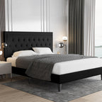 Allewie Queen Size Upholstered Platform Bed Frame with Adjustable Headboard, Button Tufted, Wood Slat Support, Easy Assembly, Black