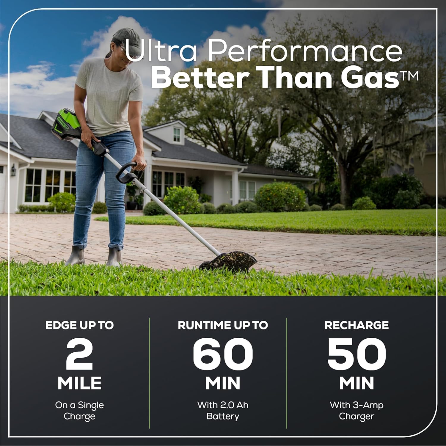 Greenworks 60V 8" Brushless Cordless Edger with 2.0Ah Battery & Charger – Tool-Free Depth Adjustment  Lightweight Lawn Edging Tool  4-Year Warranty