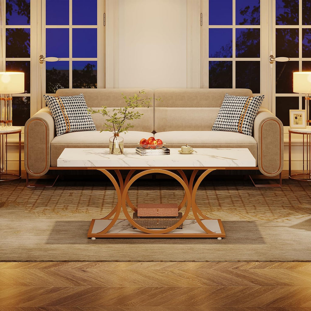 Tribesigns 46.45” Rectangle Coffee Table, Modern Coffee Tables for Living Room, 2-Tier Faux Marble Wood Coffee Table with Geometric Legs, Furniture with Storage Shelf (White & Gold)