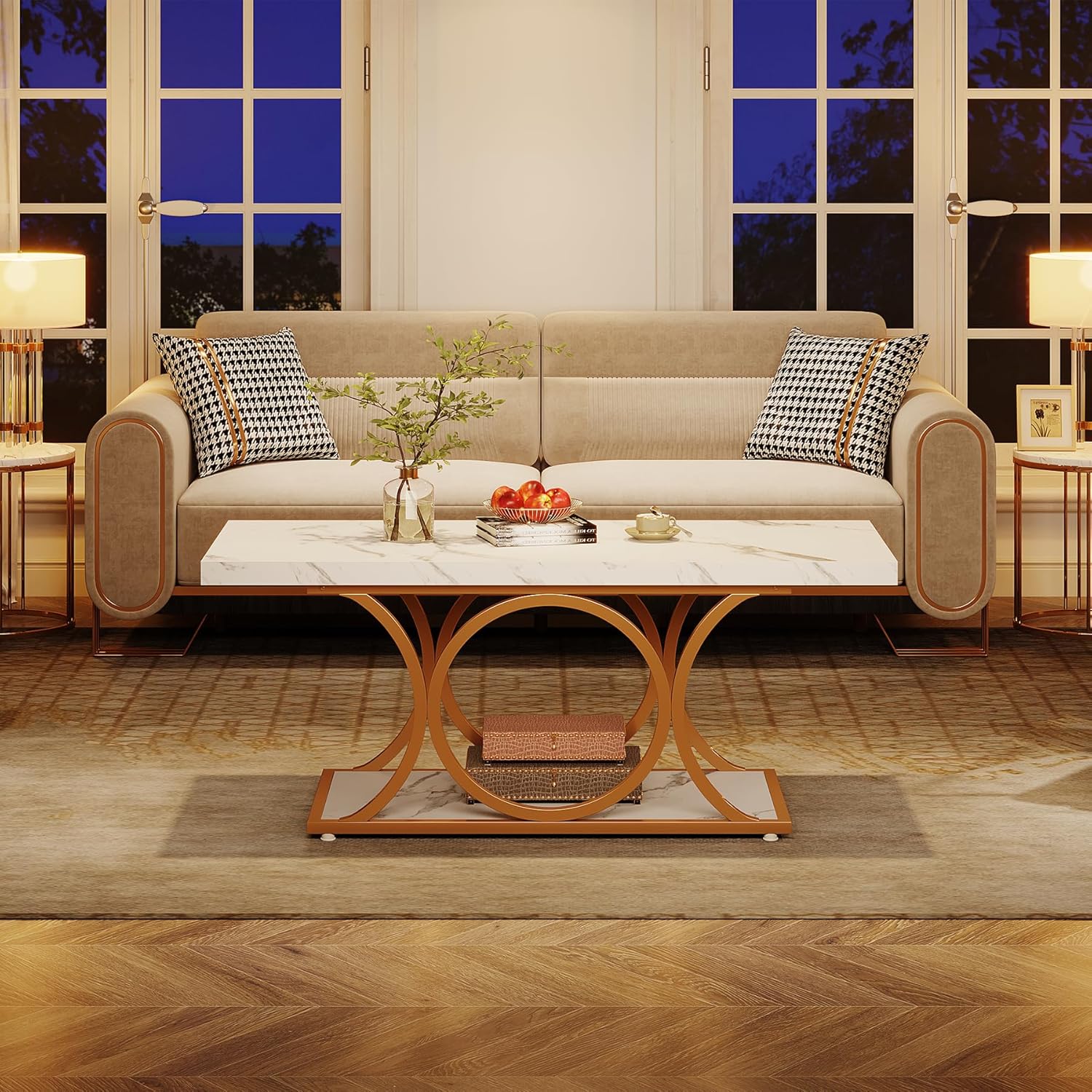 Tribesigns 46.45” Rectangle Coffee Table, Modern Coffee Tables for Living Room, 2-Tier Faux Marble Wood Coffee Table with Geometric Legs, Furniture with Storage Shelf (White & Gold)