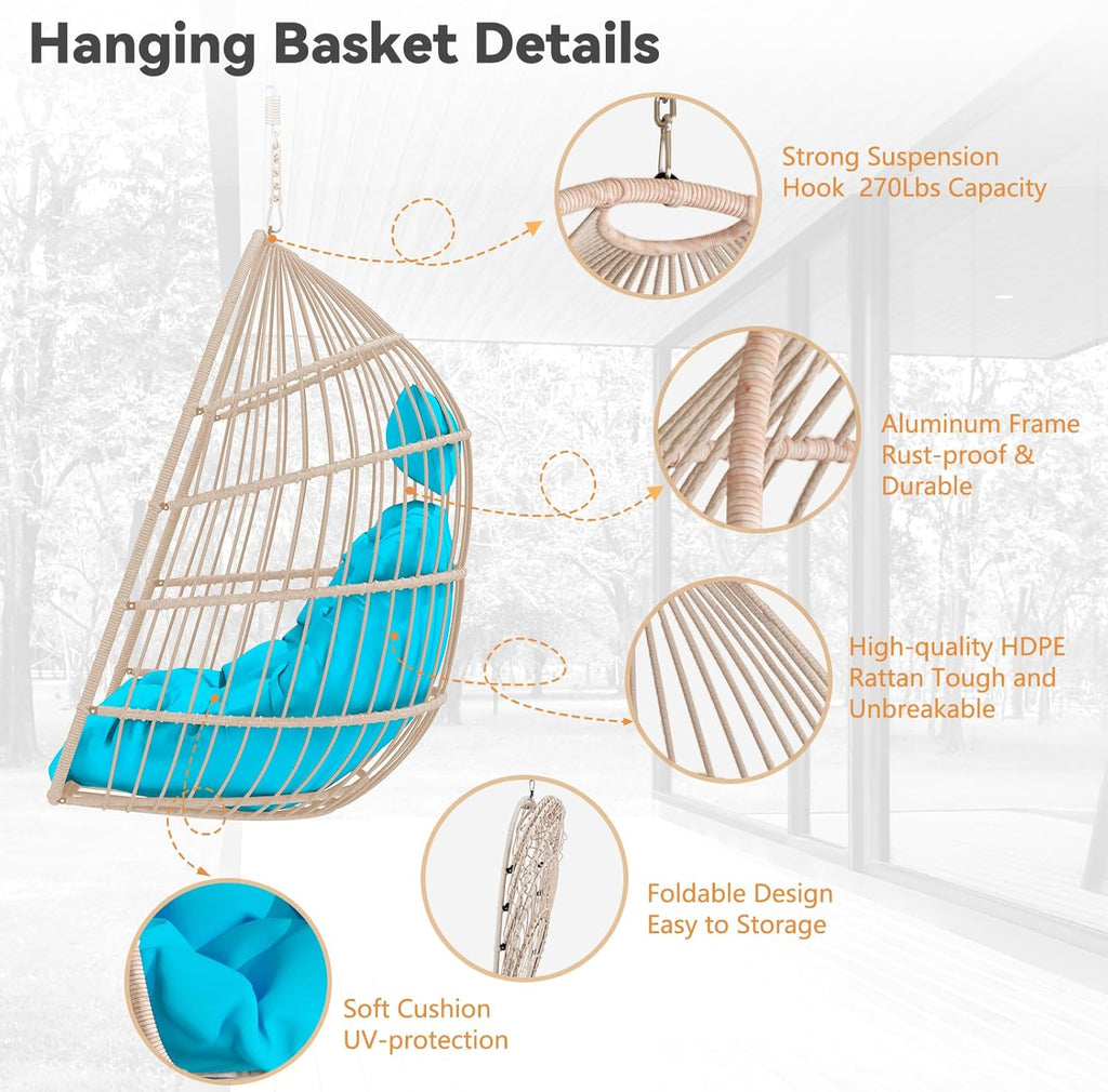 Hanging Egg Chair Without Stand, HDPE Rattan Foldable Swing Chair with Pillow, Aluminum Frame & UV Resistant Cushion for Indoor Outdoor Bedroom Garden, 350Lbs Capacity (Blue)