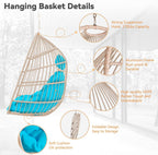 Hanging Egg Chair with Pillow, HDPE Rattan Foldable Swing Chair with Aluminum Frame & UV Resistant Cushion, Hammock Egg Basket Without Stand for Indoor Outdoor, 350Lbs Capacity (Blue Cushion)