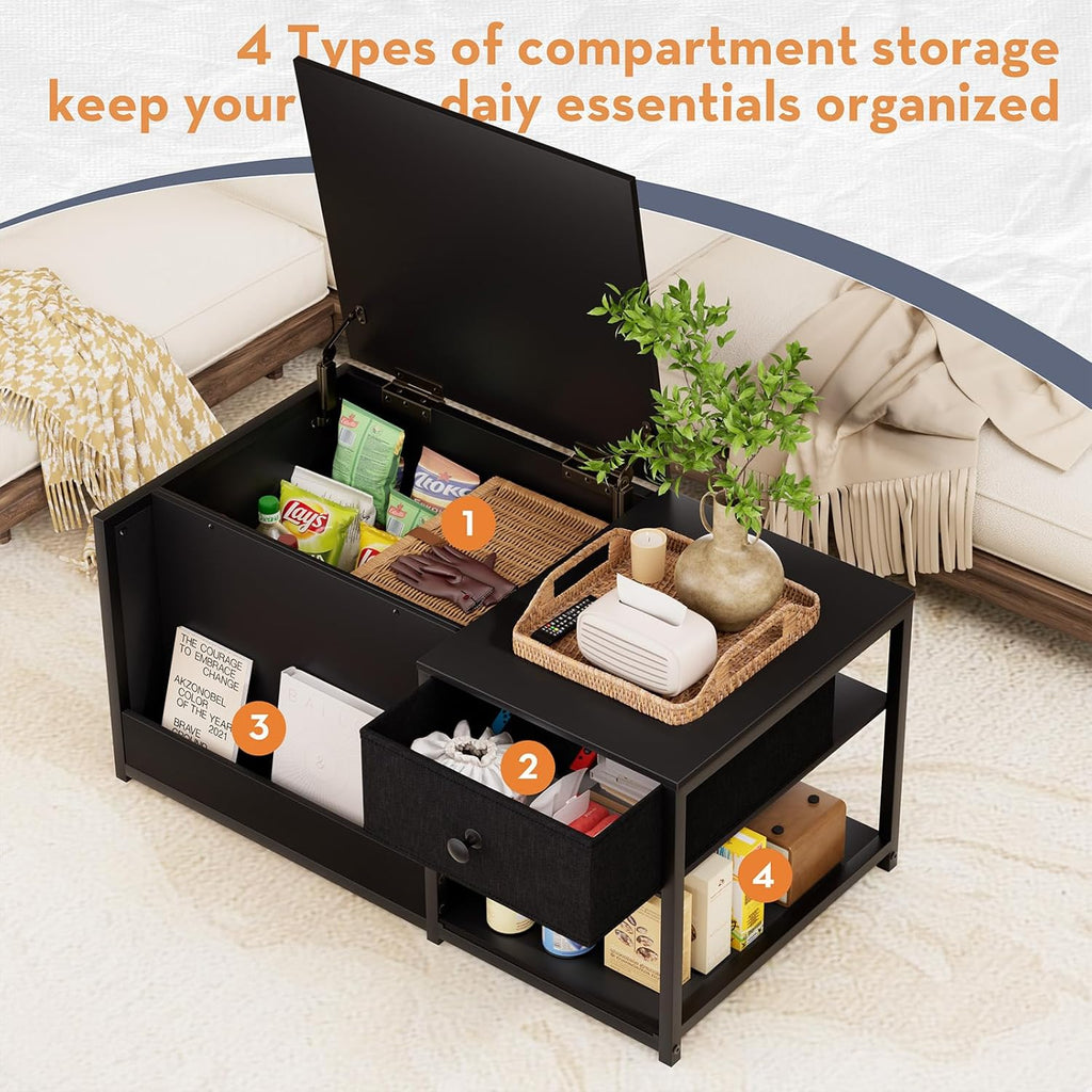 SINPAID Coffee Table with Storage, Rectangular Coffee Tables for Living Room, Modern Coffee Table with Hidden Storage Compartment and Adjustable Shelves, Black