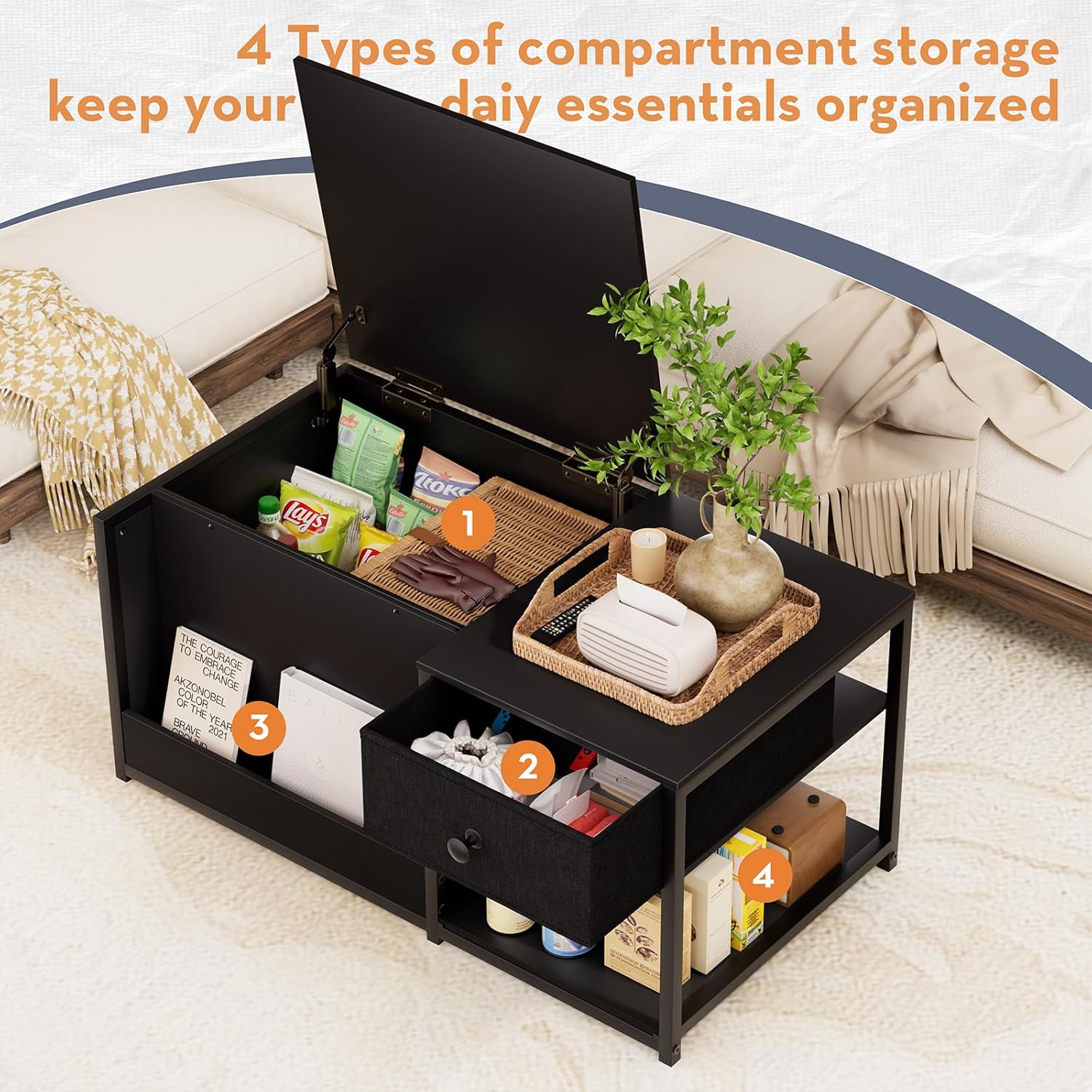 SINPAID Coffee Table with Storage, Rectangular Coffee Tables for Living Room, Modern Coffee Table with Hidden Storage Compartment and Adjustable Shelves, Black