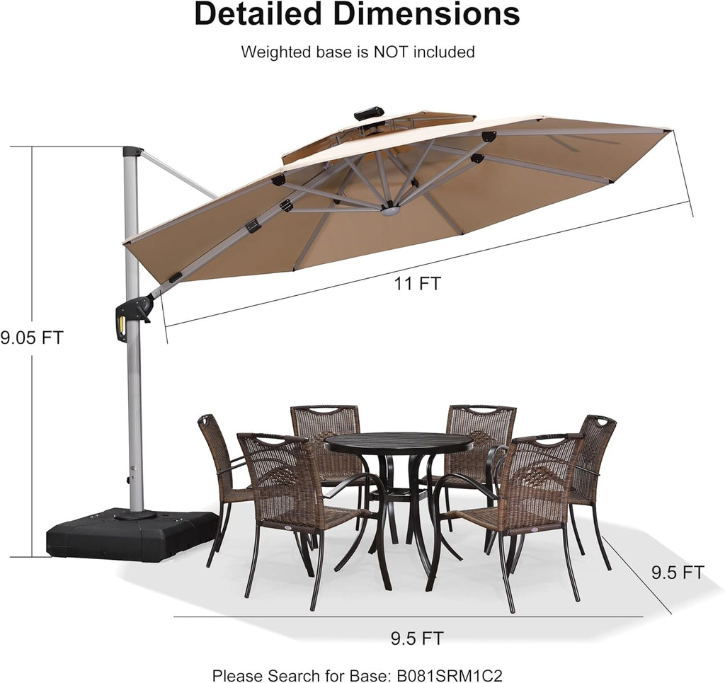 PURPLE LEAF 11ft Solar powered LED Patio Umbrella Outdoor Round Umbrellas Large Cantilever Umbrella with LED lights Windproof Offset Umbrellas Heavy Duty for Garden Deck Pool Patio, Beige