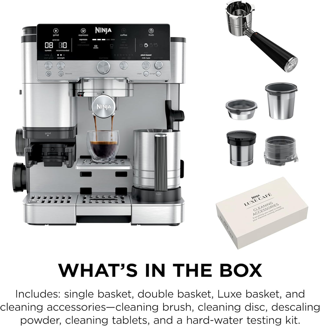 Ninja Luxe Café 3-in-1 Espresso, Drip Coffee and Cold Brew Machine | Integrated Coffee Grinder, Milk Frother, Assisted Tamper & Built-In Espresso Accessory Storage | Stainless Steel | ES601