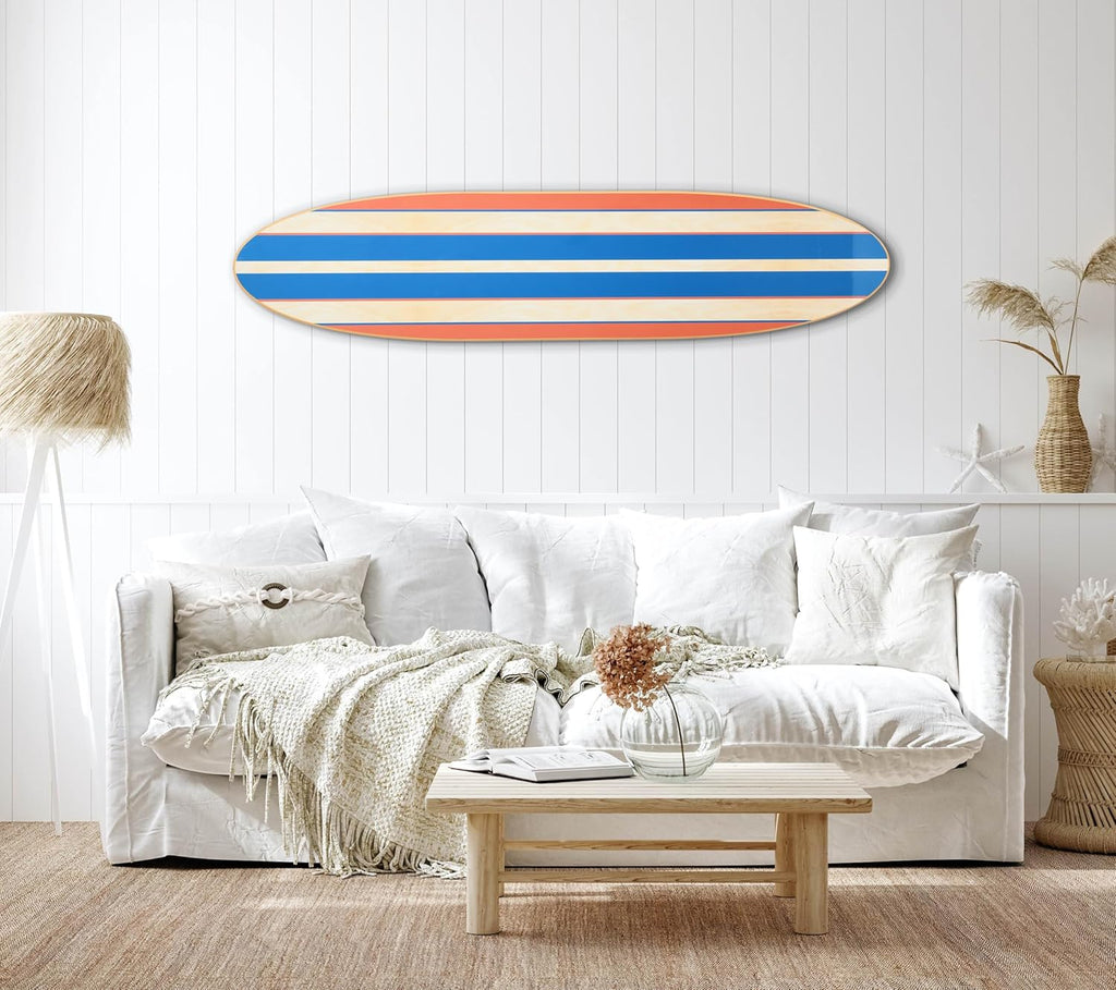 Creative Co-Op Coastal Decorative Surfboard Wall Décor, Red & Blue Stripes Overlaid On Natural Wood, Hangs Vertical or Horizontal