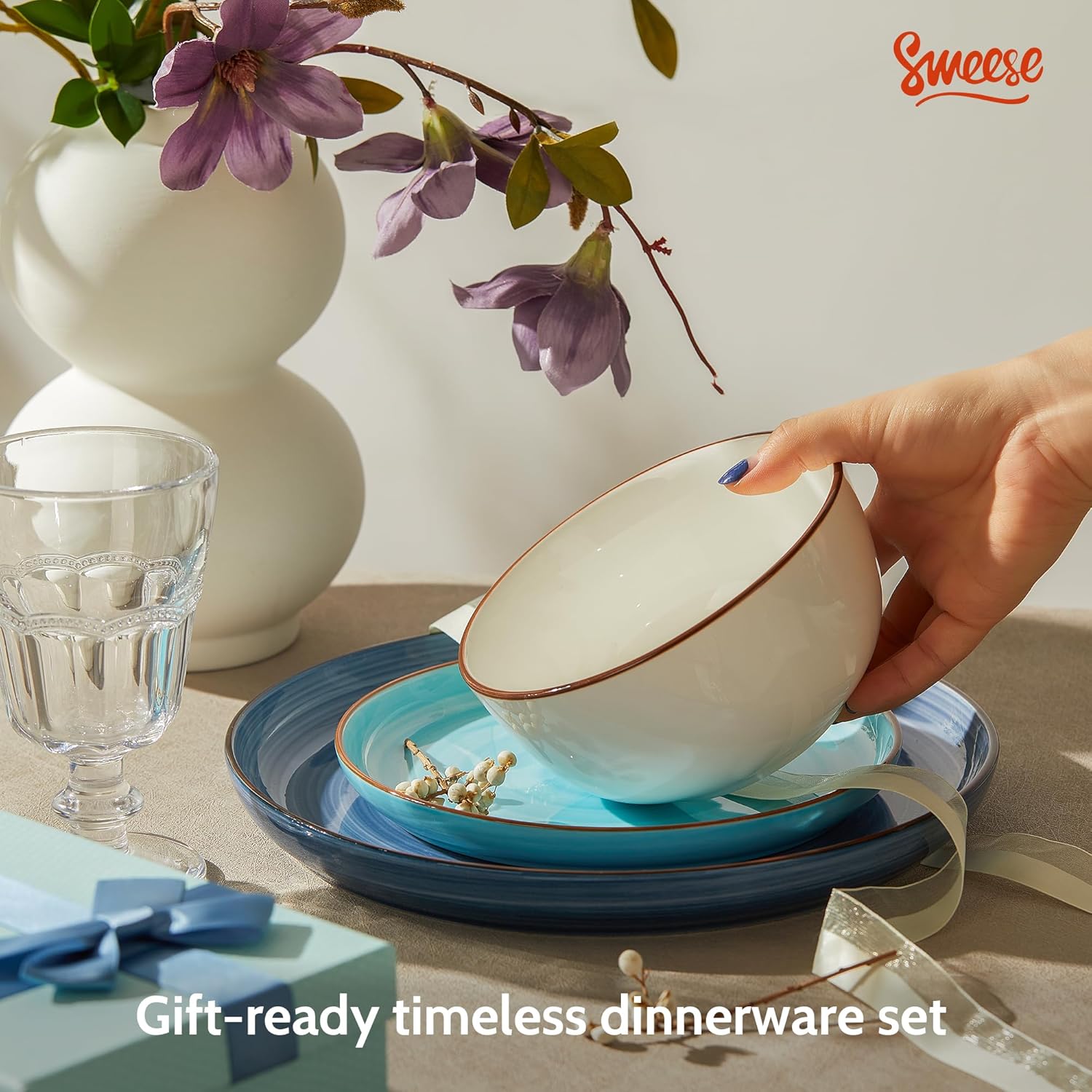 Sweese Plates and Bowls Sets, 18 Piece Dinnerware Set Porcelain Round Dinner Set for 6, Scratch Resistant Dishes Set, Dishwasher and Oven Microwave Safe Handpainted Swirl Dishware Sets, Assorted Blue