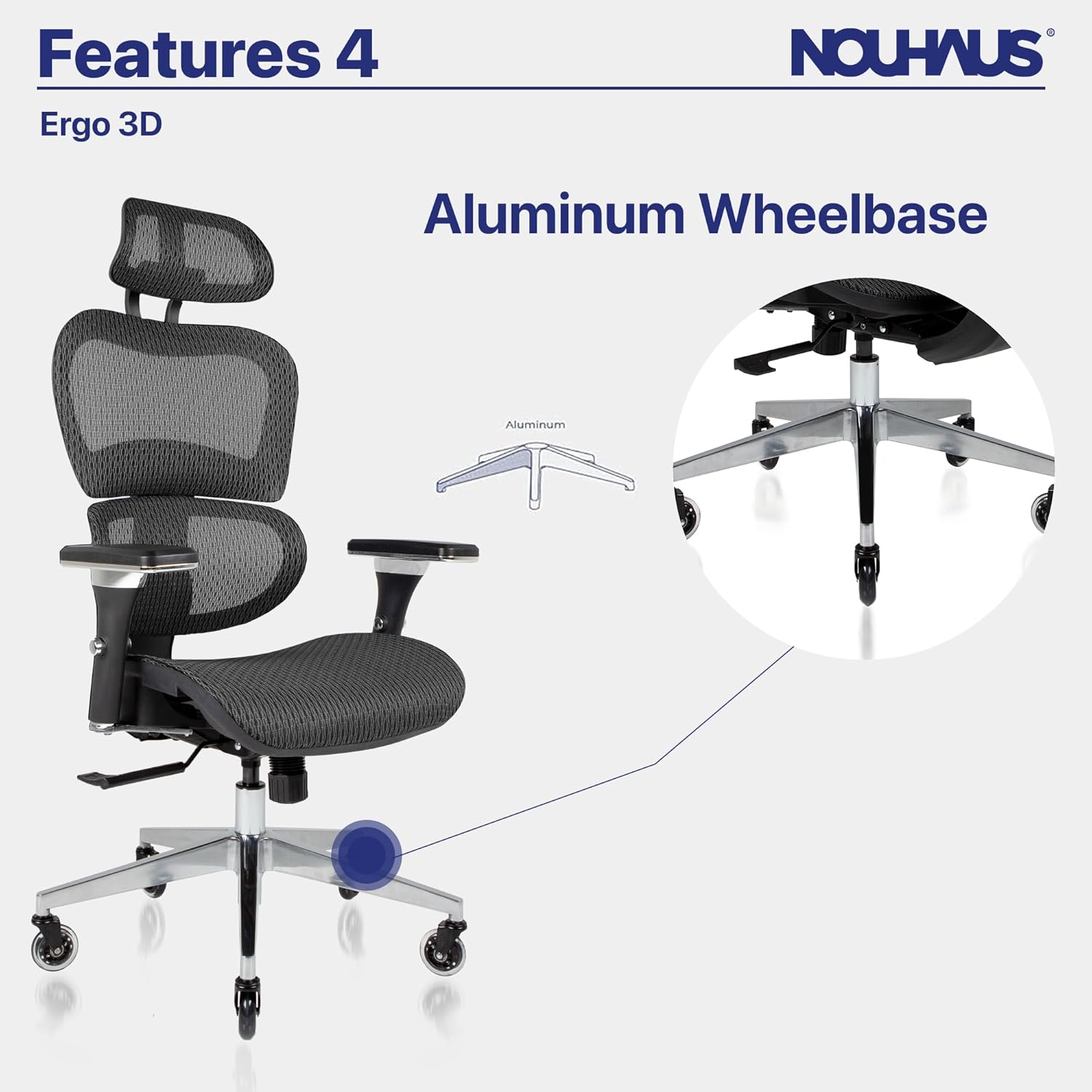 Nouhaus Ergo3D Ergonomic Office Chair Lumbar Support Mesh Office Chair with 4D Adjustable Armrest, Adjustable Headrest and Wheels, Mesh High Back Home Office Desk Chairs(Black)
