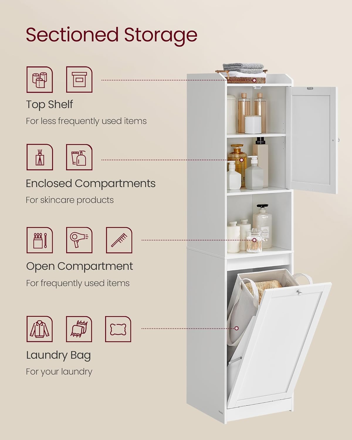VASAGLE Tall Storage Cabinet, Storage Unit with Removable Laundry Basket, Compartment and Cabinet, for Bathroom, Living Room, 15.8 x 15.8 x 66.9 Inches, Cloud White UBBC761W01