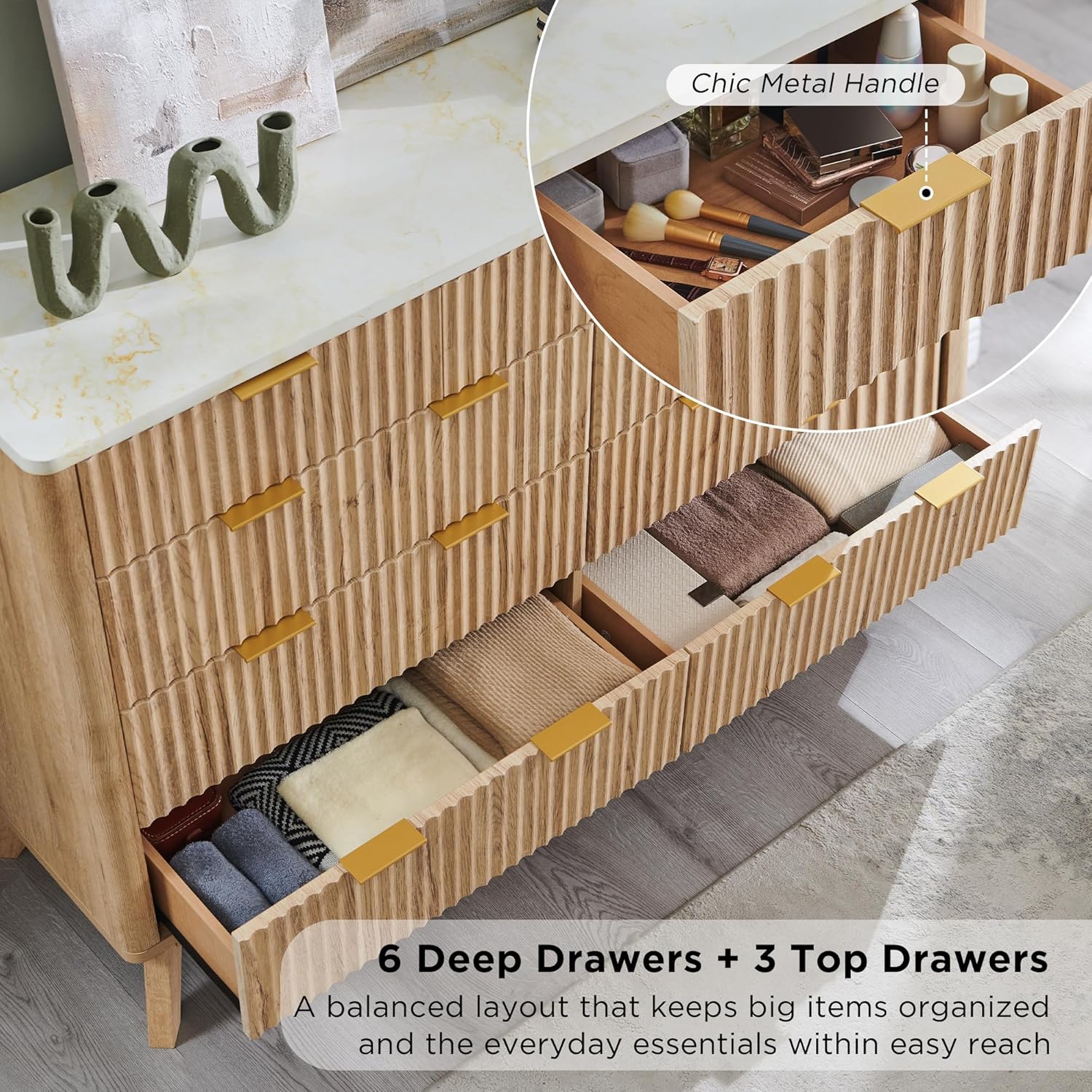 T4TREAM Fluted 9 Drawer Dresser, Modern Chest of Drawers with Faux Marble Top, Curved Profile Design, Dresser TV Stand, Wood Drawer Organizer for Bedroom, Living Room, Hallway, Natural Oak