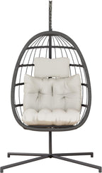 HWB Hanging Egg Chair with Stand, Patio Wicker Egg Swing Chair with Cushion for Bedroom Garden Indoor Outdoor (Beige)