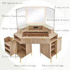 T4TREAM 48" Fluted Makeup Vanity Desk with HD Triple Mirror and Lights, Large Lighted Corner Vanity with Glass Top, Modern Dressing Table with 3 Drawers & 2 Cabinets for Bedroom, Natural Oak