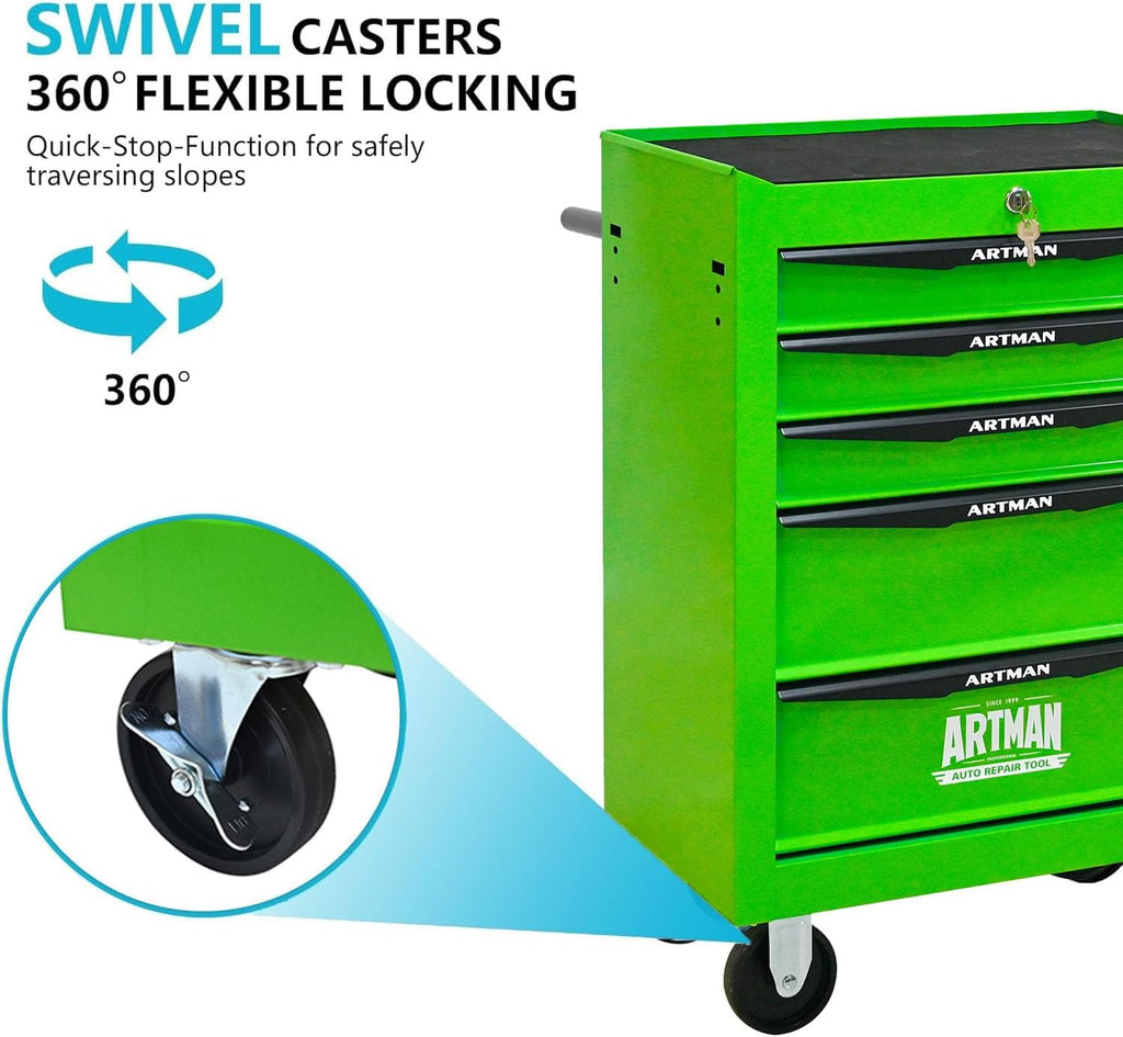 5 Drawers Tool Cart on Wheels, Multifunctional Rolling Tool Chest, Drawers Mobile Trolley Organizer Heavy Duty Tools Box with Locking Wheels & Ball Bearing Drawers (Green, 5 Drawers)