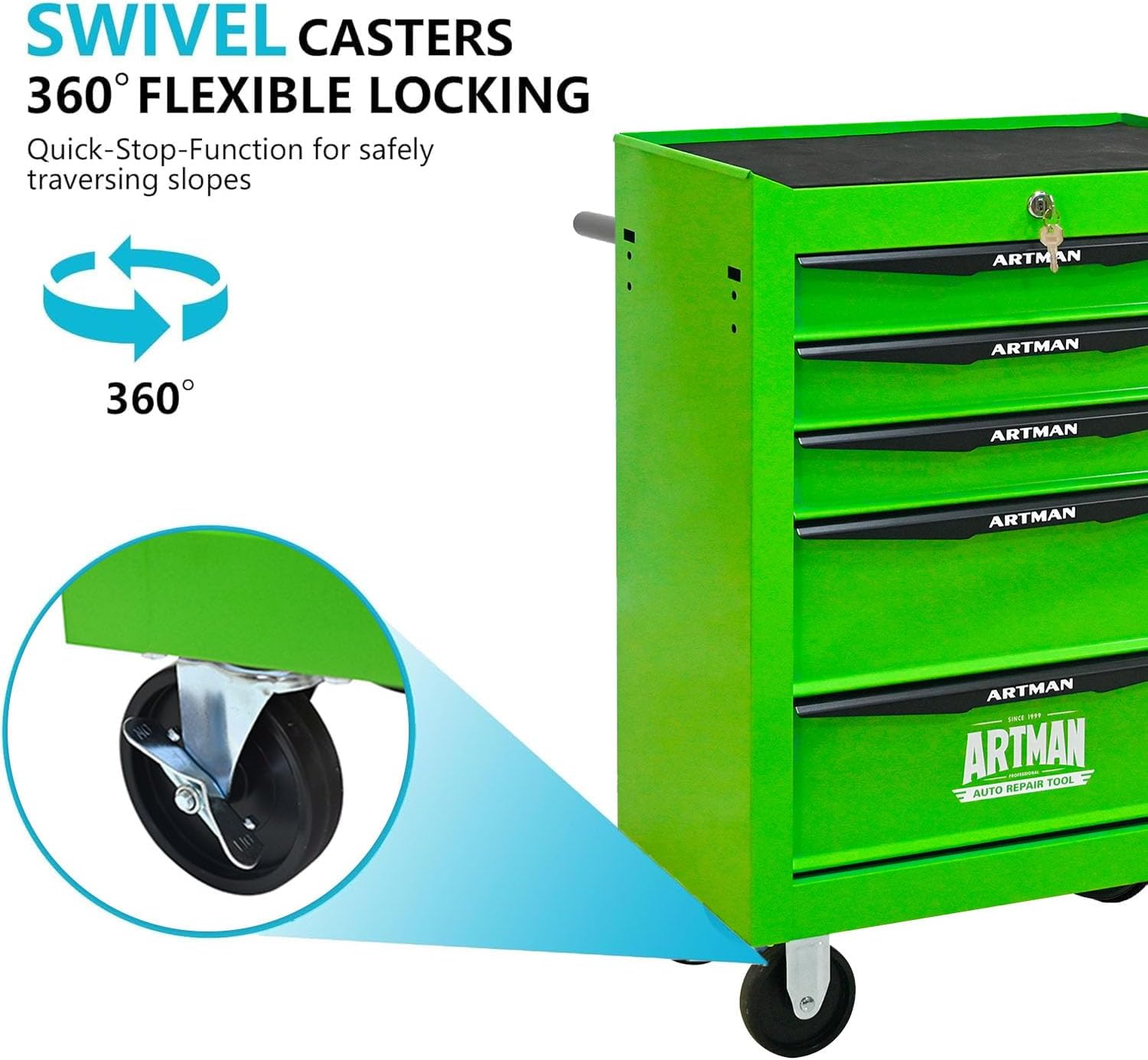 5 Drawers Tool Cart on Wheels, Multifunctional Rolling Tool Chest, Drawers Mobile Trolley Organizer Heavy Duty Tools Box with Locking Wheels & Ball Bearing Drawers (Green, 5 Drawers)