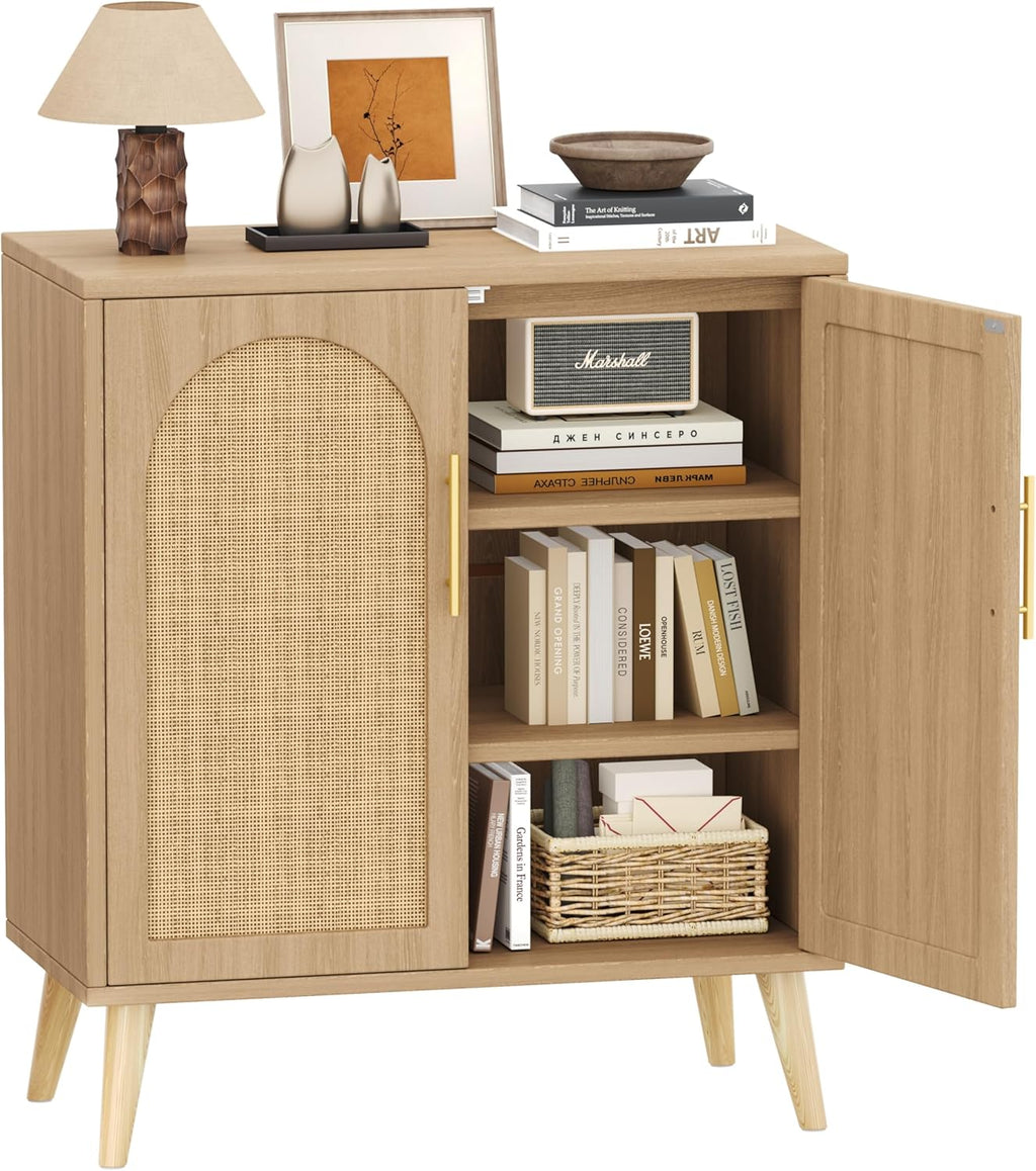 Keehusux Rattan Buffet Cabinet with Storage, Boho Buffet Table with Adjustable Shelf and Solid Wood Legs, Accent Sideboard with Doors, Floor Cabinet for Kitchen, Dining Room and Living Room, Natural