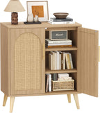 Keehusux Rattan Buffet Cabinet with Storage, Boho Buffet Table with Adjustable Shelf and Solid Wood Legs, Accent Sideboard with Doors, Floor Cabinet for Kitchen, Dining Room and Living Room, Natural