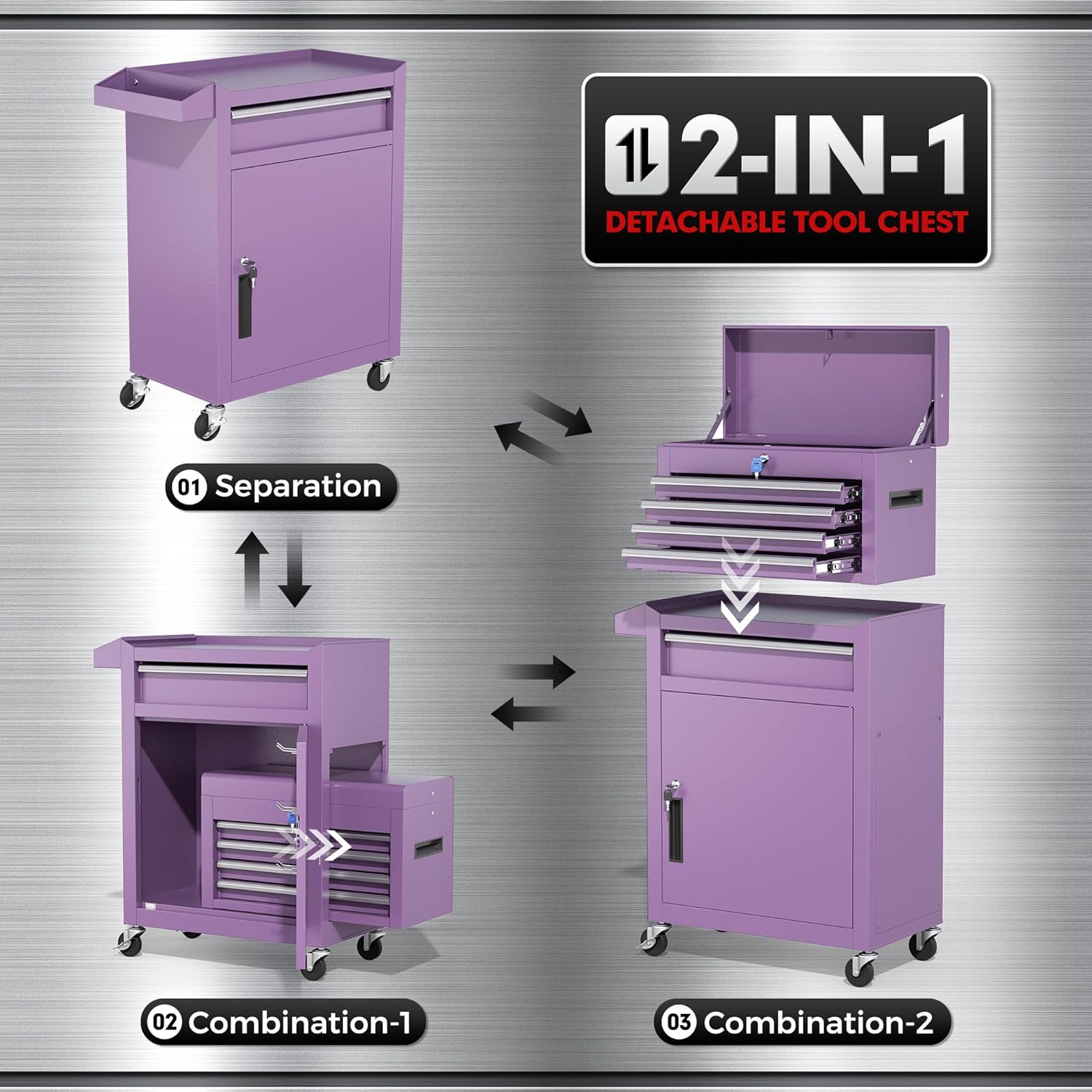 INTERGREAT Purple Tool Chest, 5-Drawer Rolling Storage Cabinet, Detachable Top Tool Box - Lockable Wheels, Garage & Workshop Barbershop Tool Cart