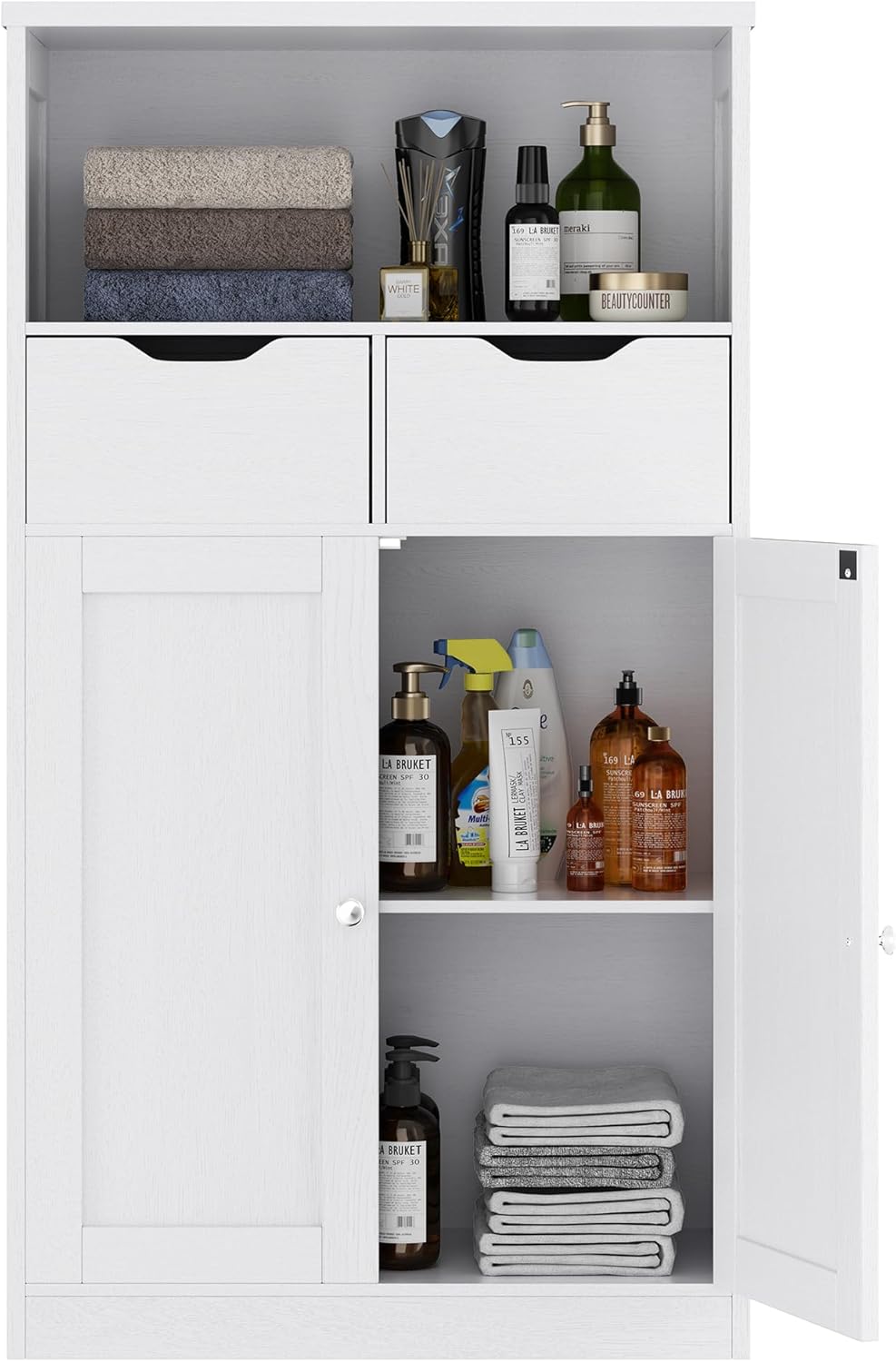Walsunny Floor Storage Cabinet, Organizer with Doors and Drawers, Freestanding Side Cupboard Pantry with Adjustable Shelf for Bathroom/Living Room(White)