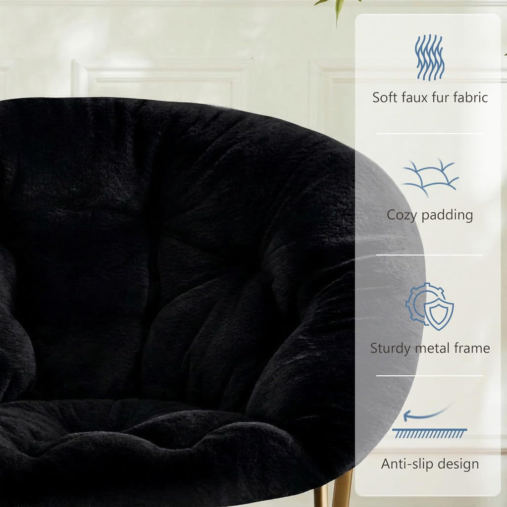 DUMOS Comfy Saucer Chairs Cozy Faux Fur Soft Lounge Cute Folding Bedroom Living Room Seat Flexible Reading Foldable Seating for Kids Adults Thick Padded Metal Frame Modern for Home Office, Black