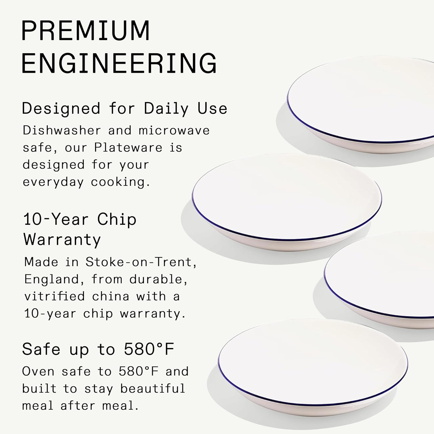 Made In Cookware | Set of 4 | Entrée Bowls | White With Navy Rim | Porcelain | Crafted in England