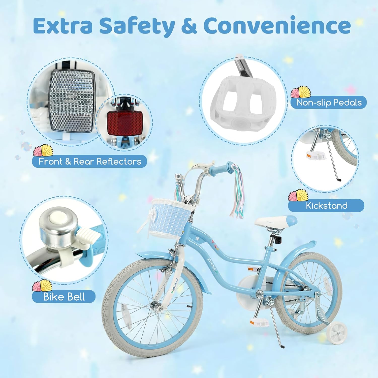BABY JOY Kids Bike, 12" 14" 16" 18" Mermaid Girls Bike for 3-8 Years Old w/Basket, Training Wheels, Hand & Coaster Brakes, Adjustable Seat & Handlebar, 20" Children Bicycle with Kickstand for 8+