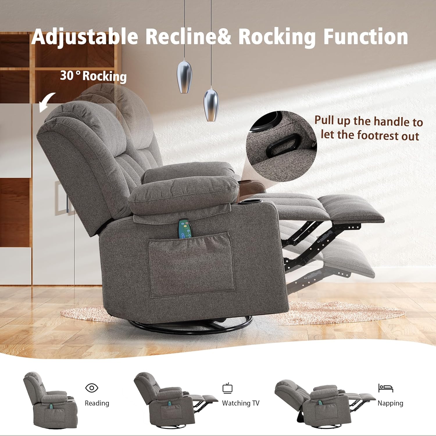 Rocker Swivel Recliner Chair for Adults, Overstuffed Large Manual Recliner Glider with Massage and Heat, Comfy Soft Fabric Living Room Reclining Sofa Chair (Smoked Gray)