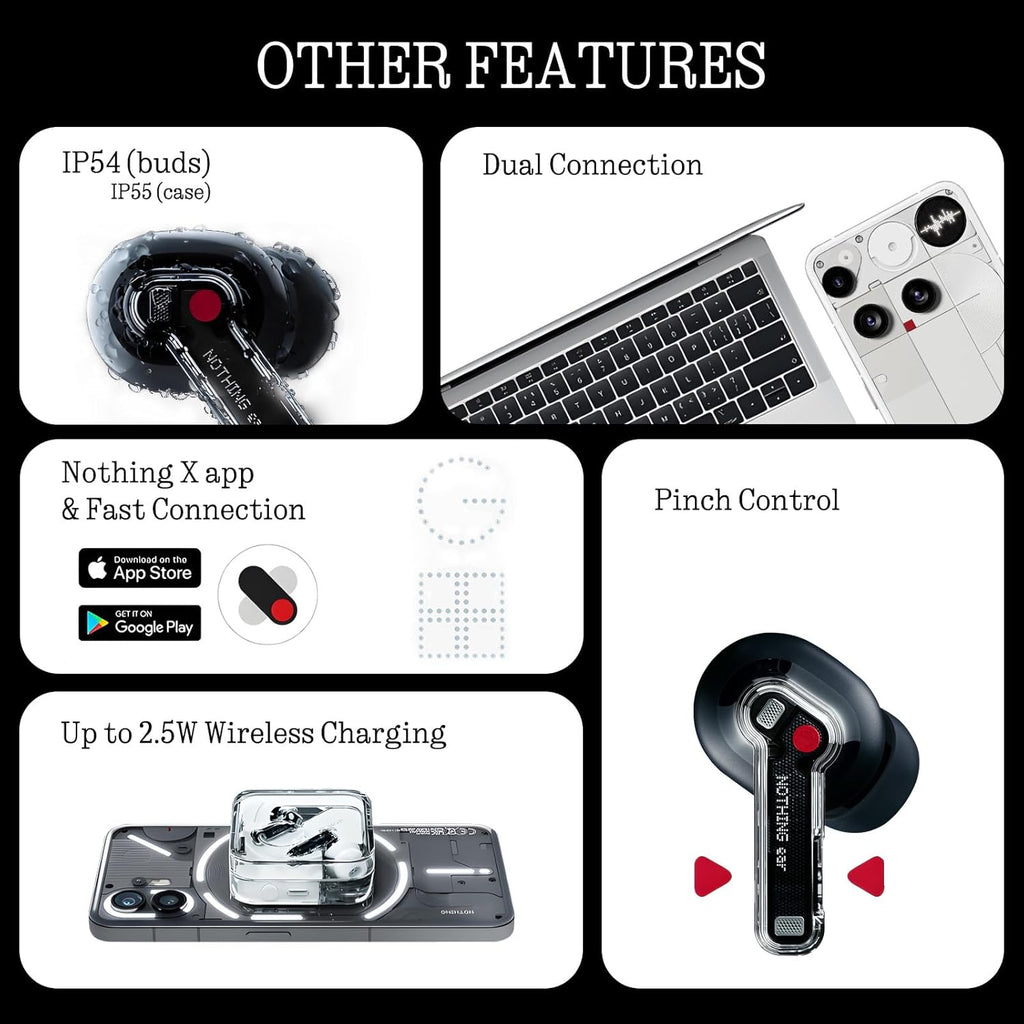 Nothing Ear Wireless Earbuds Bluetooth  45dB Hybrid Smart ANC Earbuds  11mm Deep Bass Boost  Hi-Res Audio with LDAC & LHDC 5.0  6 Mics Call  40.5H Playtime with Fast Charging Case  ChatGPT Supported