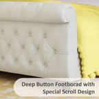 King Size Platform Bed Frame, Chenille Upholstered Sleigh Bed with Curved Headboard & Footboard, Deep Button Tufted, Wood Slats Support, No Box Spring Needed, Cream
