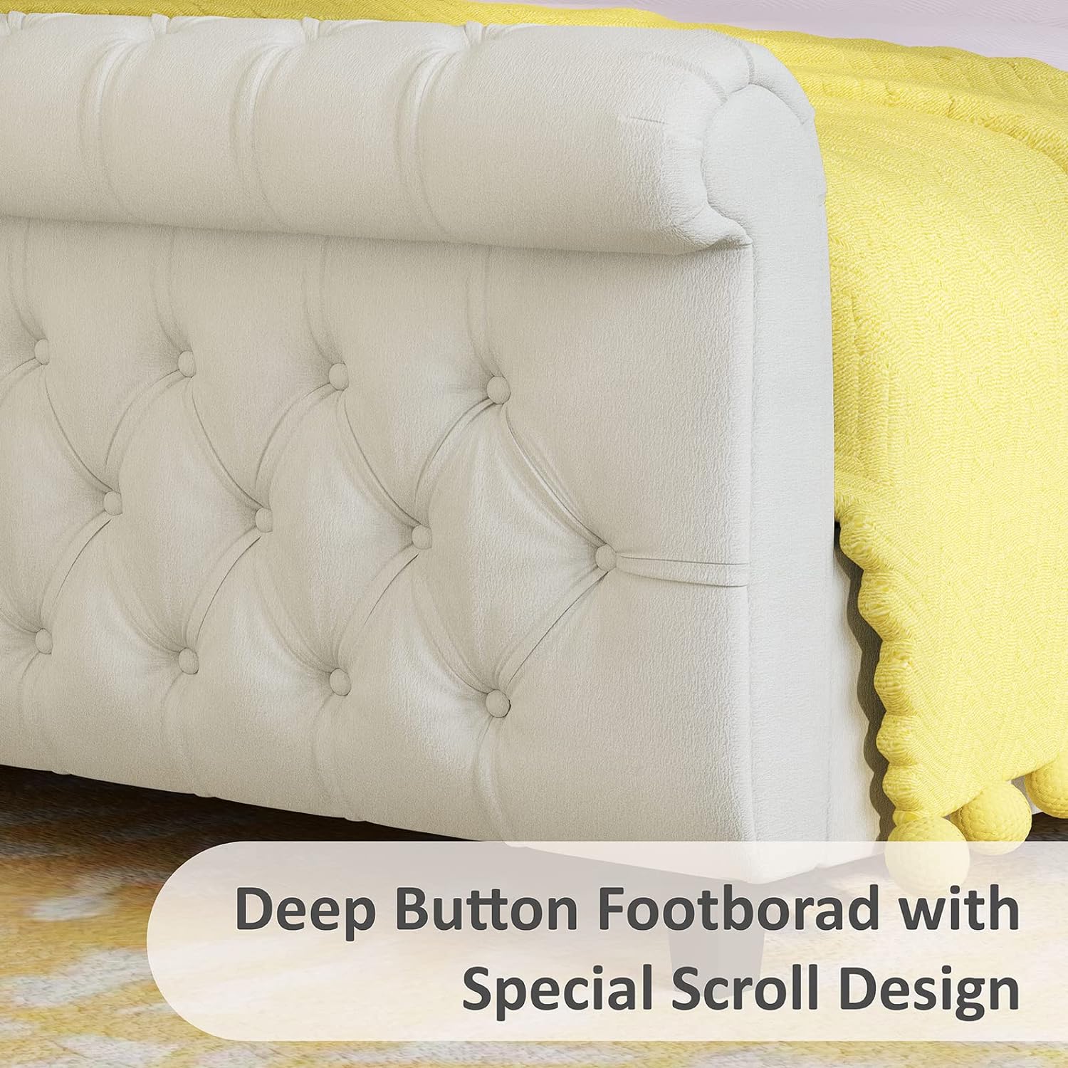 King Size Platform Bed Frame, Chenille Upholstered Sleigh Bed with Curved Headboard & Footboard, Deep Button Tufted, Wood Slats Support, No Box Spring Needed, Cream