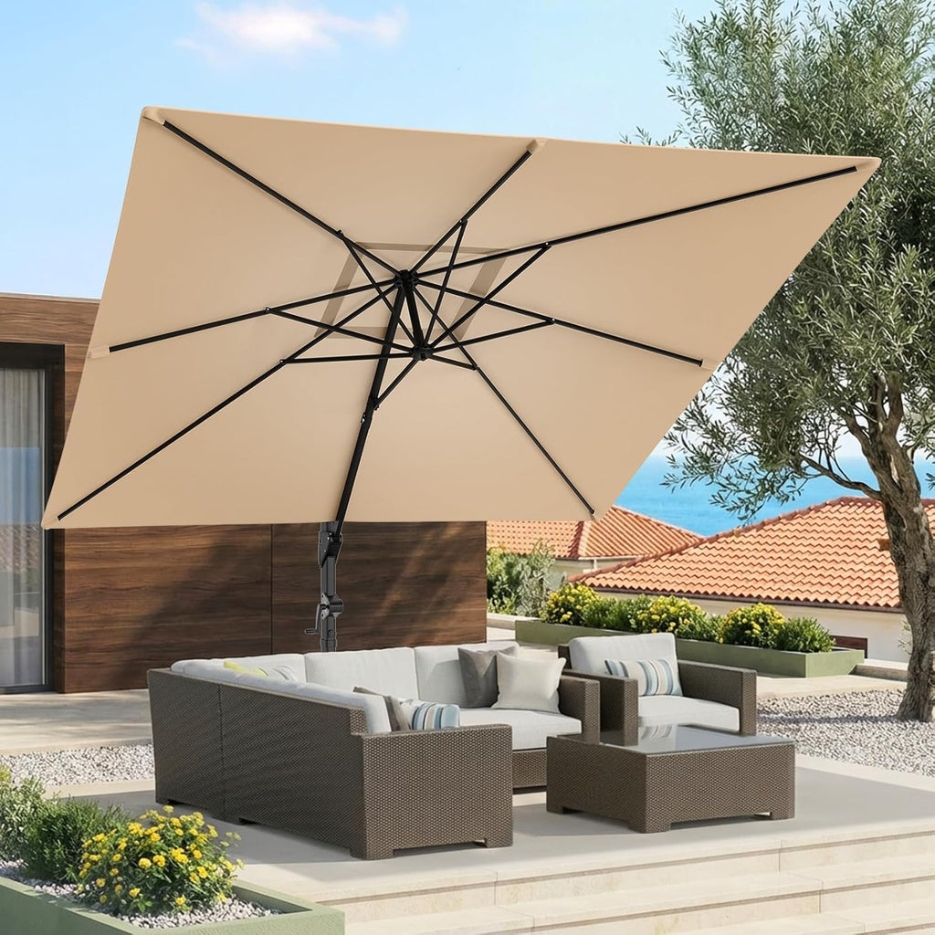 HOMSHADE 10x10 FT Cantilever Patio Umbrella Outdoor with Base- Large Offset Heavy-Duty Aluminum Umbrella with 360° Rotation, 6 Tilts, Windproof, 3-Year Fade Resistance for Pool Deck, Square, Beige