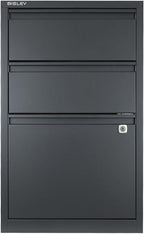 Bisley 3-Drawer Flush Front Vertical File Cabinet - Anthracite Grey, 2 Utility Drawers + 1 Hanging File Drawer, Powder-Coated Steel, Locking Bottom Drawer