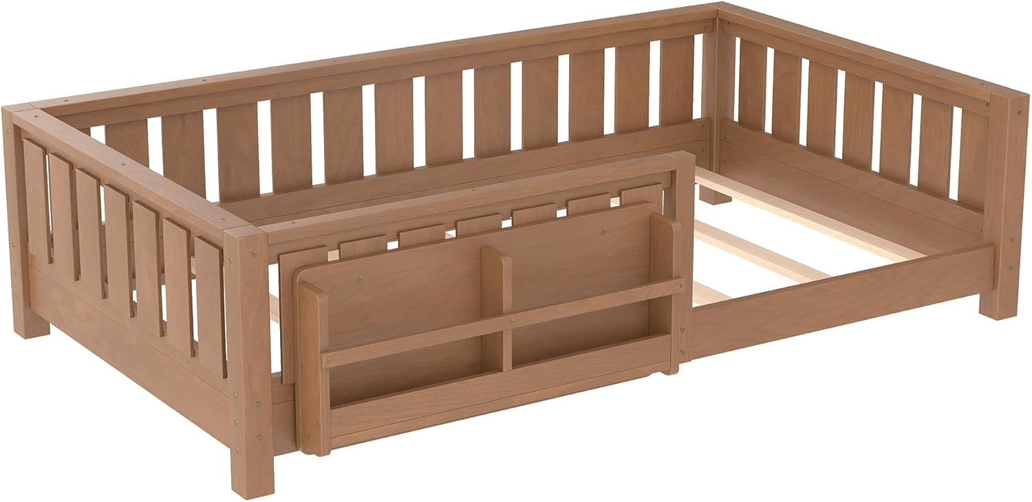 Bellemave Natural Montessori Floor Bed with Fence and Slats, Twin Size Montessori Floor Bed with Bookcase and High Rails, Easy Assemble Bed Frame for Girls, Boys, Twin