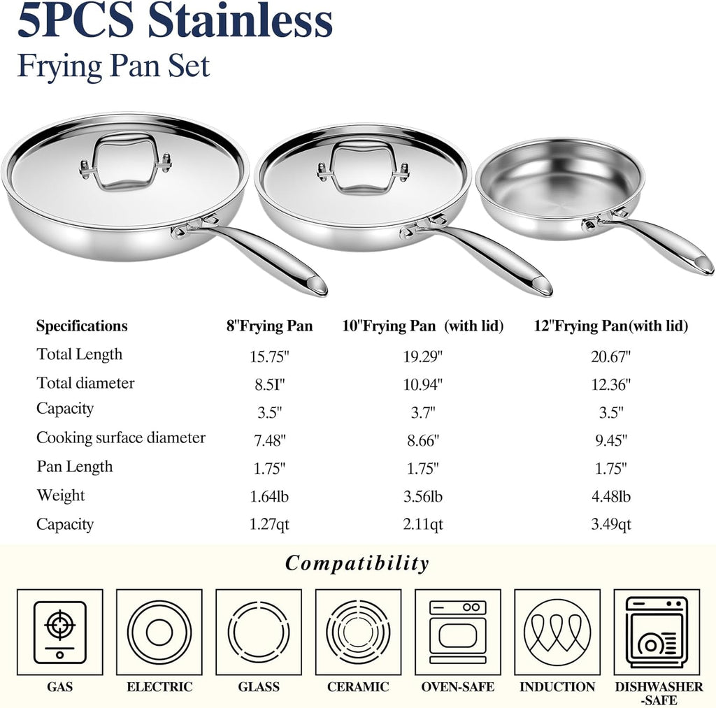 Stainless Steel Frying Pan Set with Lid, Umite Chef 3Pcs Skillet Set (Includes 8",10",12") - 5 Ply Stainless Clad - Heavy Duty & Professional Cookware Set, Fast & Even Heat, Dishwasher and Oven Safe