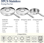 Stainless Steel Frying Pan Set with Lid, Umite Chef 3Pcs Skillet Set (Includes 8",10",12") - 5 Ply Stainless Clad - Heavy Duty & Professional Cookware Set, Fast & Even Heat, Dishwasher and Oven Safe