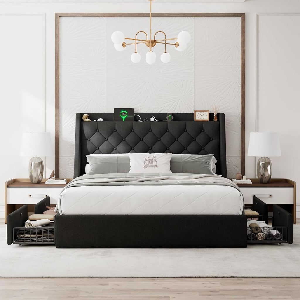 Queen Bed Frame with 4 Storage Drawers, Upholstered Modern Bed Frame with Wingback Headboard, Charging Station, No Box Spring Needed, Easy Assembly, Black