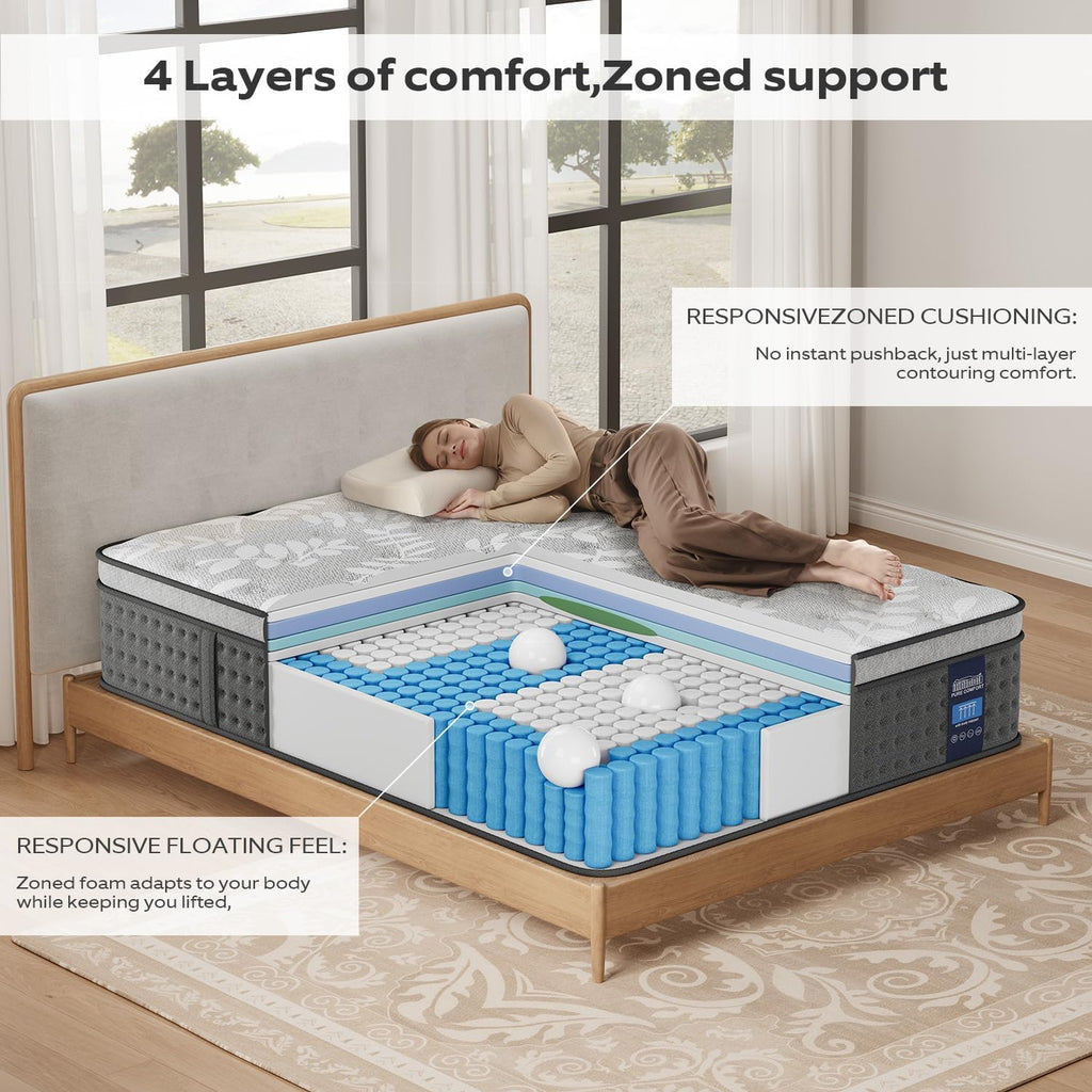 Full Mattress,12 Inch Hybrid Mattress with Gel Memory Foam, Individually Pocket Innerspring Top Mattresses,5 Coils Strong Edge Support, Used for Motion Isolation,100 Night Trial.