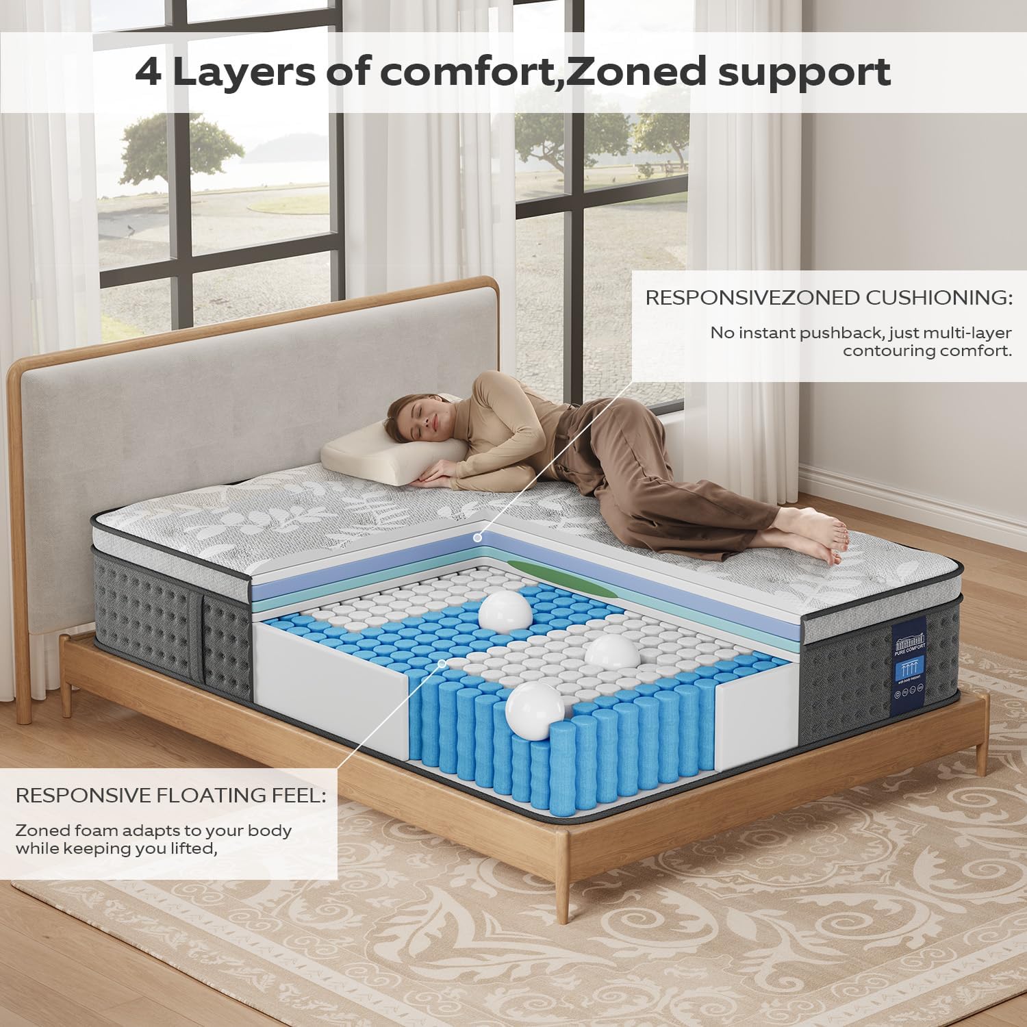 Full Mattress,12 Inch Hybrid Mattress with Gel Memory Foam, Individually Pocket Innerspring Top Mattresses,5 Coils Strong Edge Support, Used for Motion Isolation,100 Night Trial.