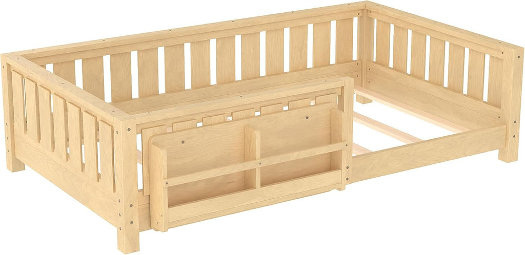 Bellemave Twin Floor Bed with Slats and Safety Guardrail, Twin Size Montessori Floor Bed with Fence and Built-in Bookshelf, Easy Assemble Montessori Beds for Kids, Girls, Boys, Light Natural