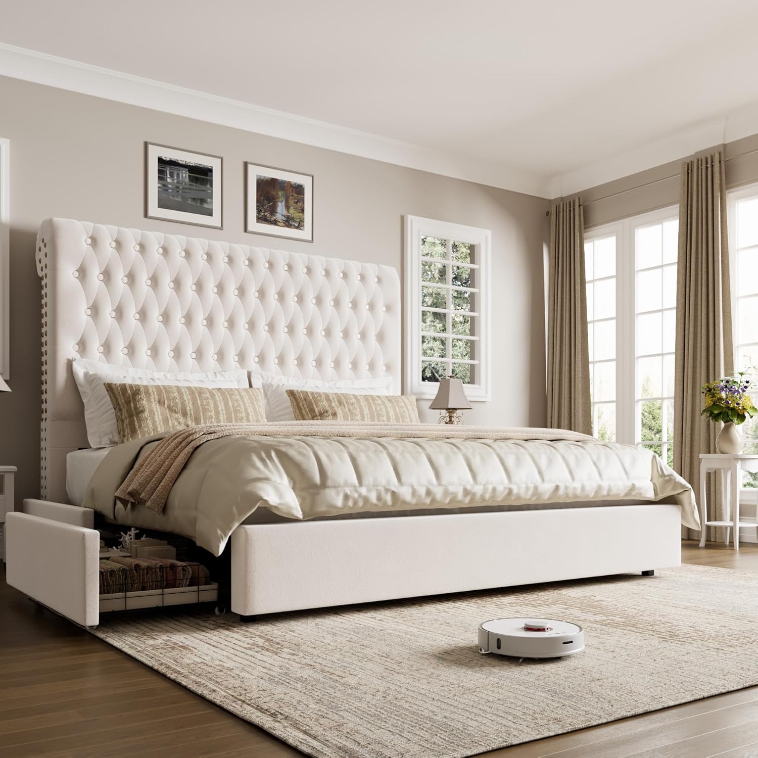 Queen Size Bed Frame 54" Tall Headboard with Gorgeous Button Tufted and Nail, Velvet Fabric Upholstered Bed Frame includes 4 Under-bed Storage Drawers, Wooden Slats, Noise-Free, Easy Assembly, Beige