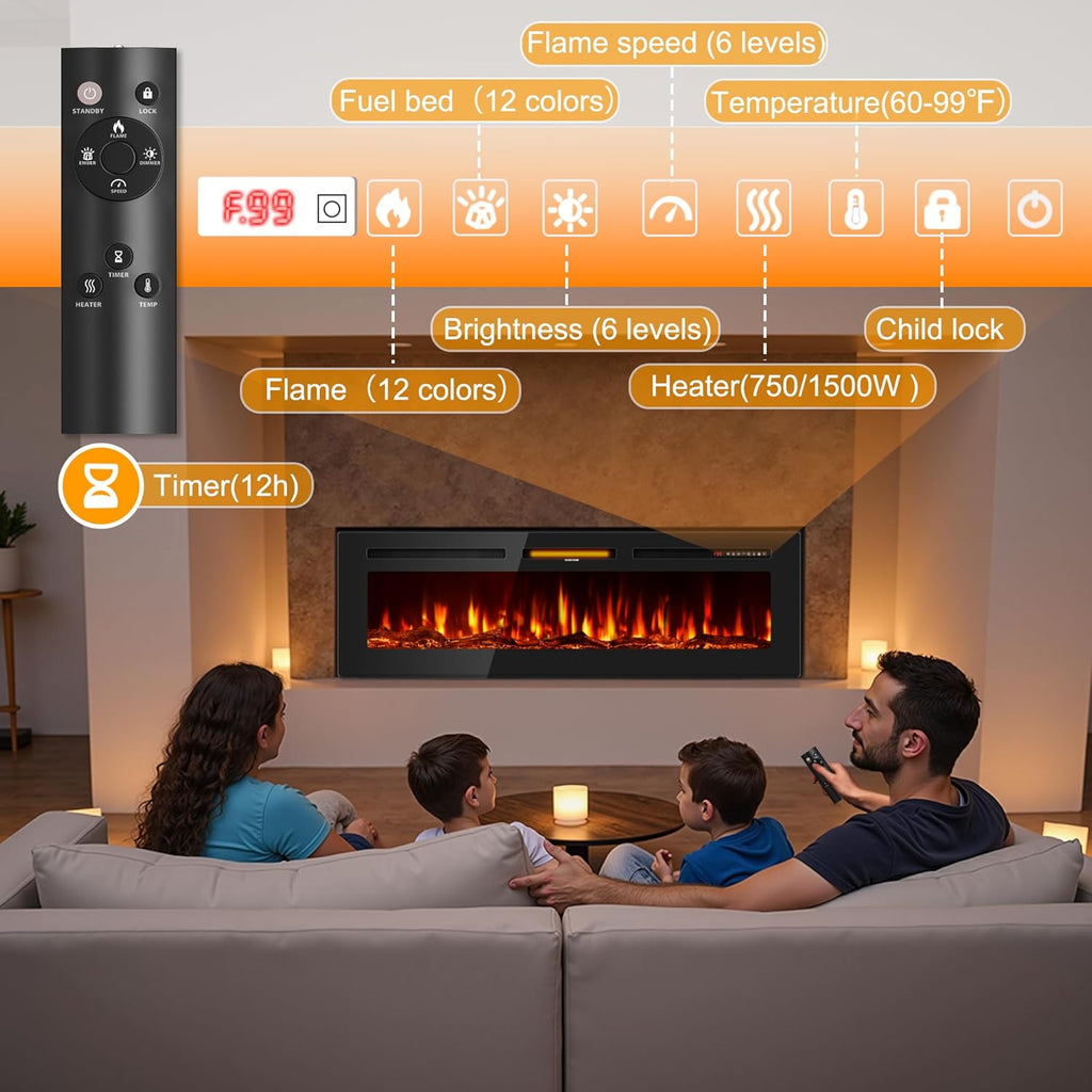 Tehanld 60 Inch Electric Fireplace in-Wall Recessed and Wall Mounted, Ultra-Thin Linear Fireplace Heater 750/1500W with Realistic Flame, Higher Temperatures & Lower Noise, Log Set & Crystal Options