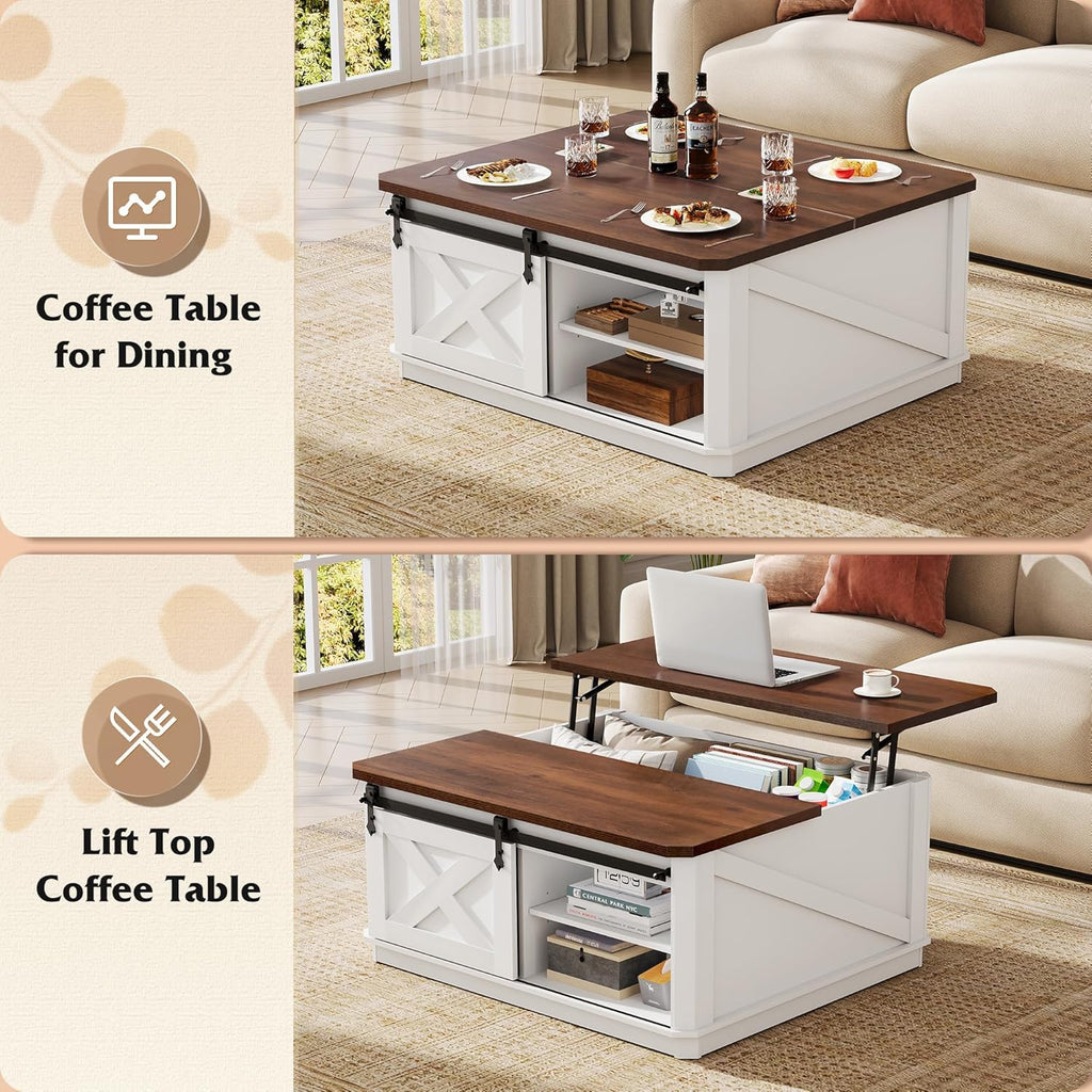 WLIVE Framhouse Coffee Table with Storage, 35.5" Lift Top Coffee Table for Living Room, Square Center Table, Rustic Cocktail Table with Sliding Barn Doors, Curevd Base, White