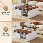 WLIVE Framhouse Coffee Table with Storage, 35.5" Lift Top Coffee Table for Living Room, Square Center Table, Rustic Cocktail Table with Sliding Barn Doors, Curevd Base, White