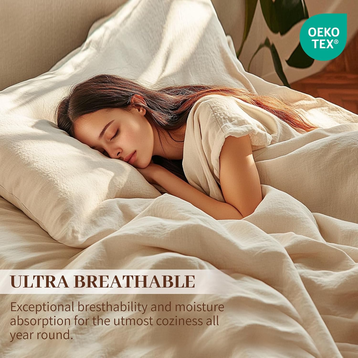 MEISHANG 100% French Pure Linen Sheets King Size - Bed Sheets 4 Piece Sets, Soft Durable Flax Linen, Anti-Tear Breathable Oeko-Tex Certified with 16" Deep Pocket (Linen)