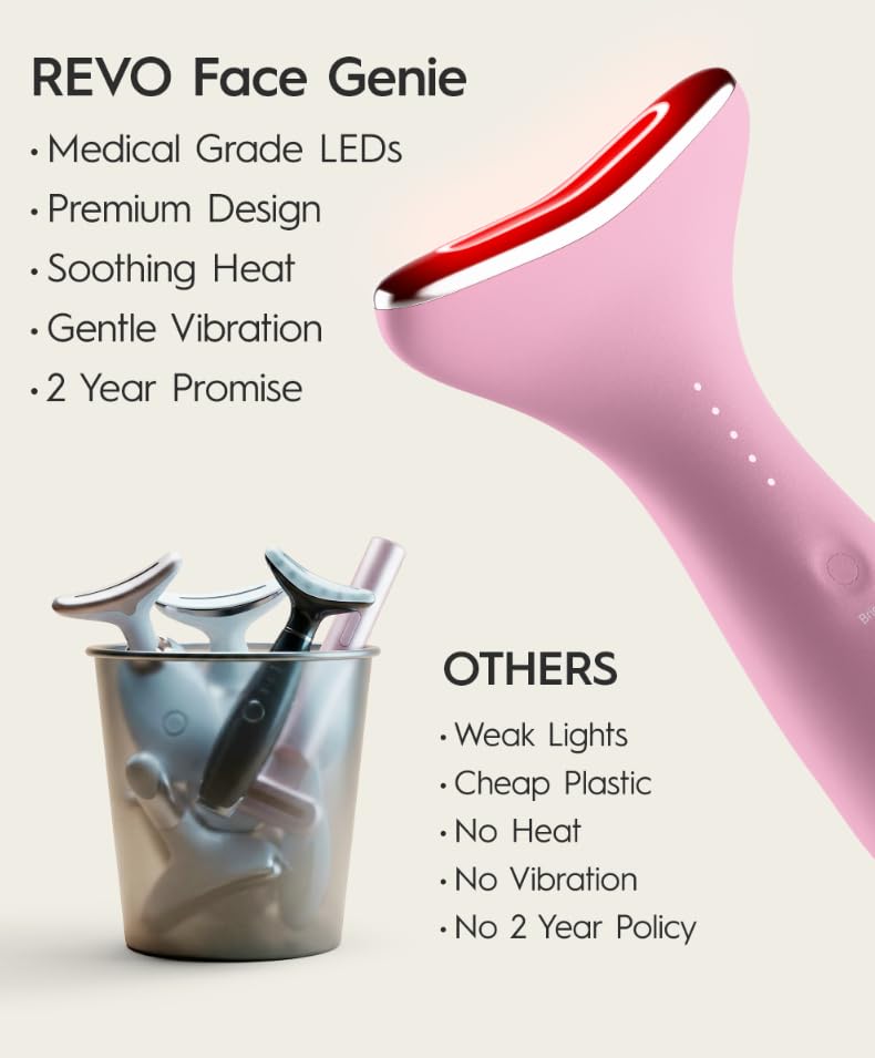 REVO Genie Facial Massager for Face and Neck, LED Face Lift Device with Heat & Vibration, Lymphatic Drainage Depuffing Tool, Red Blue Green Light Therapy for Skin Tightening & Skincare Absorption
