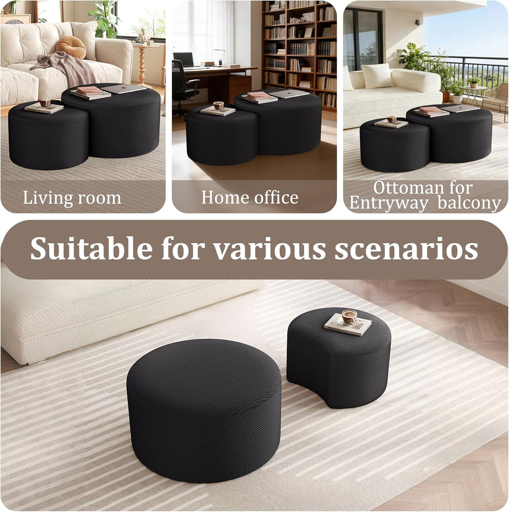 BSHOMGI Nesting Coffee Table Set of 2, Upholstered Round Corduroy Circle Foam Round Side Table for Living Room, Entryway Set, 32"+17" Footrest No Assembly (Black, 32"+17")