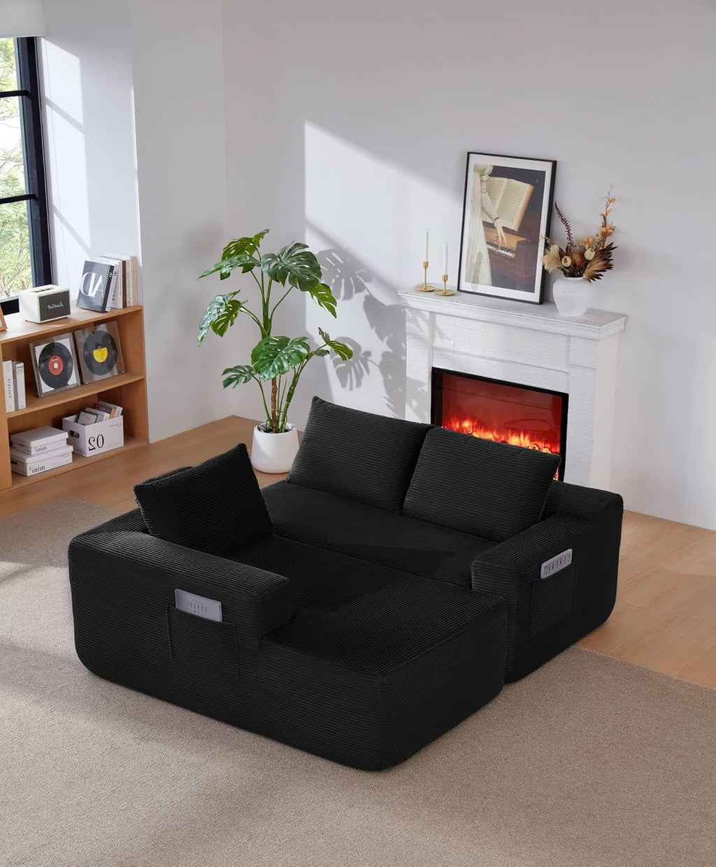 Cloud Couch Sectional, Modular L Shaped Boneless Sofa, Modern Corduroy Sectional Couch Comfy Deep Seat Cloud Sofa for Living Room, Bedroom, No Assembly (Black, Left Facing Chaise)