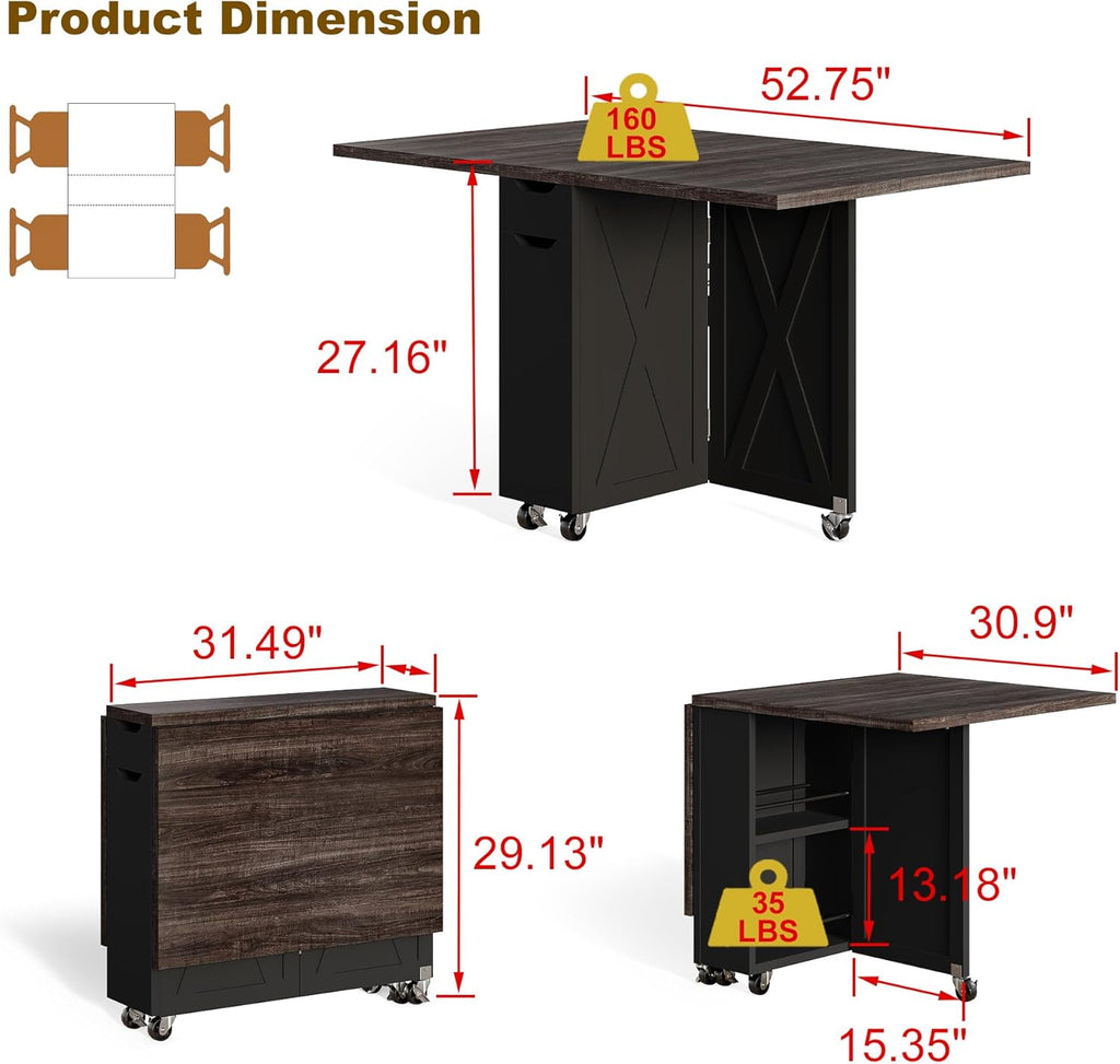 Space Saving Folding Dining Table with 2 Tier Storage-Extendable Drop Leaf Farmhouse Wood Kitchen Dining Room Tables Set for 4, Folding Kitchen Table with 6 Wheels, (Chestnut and Brown)
