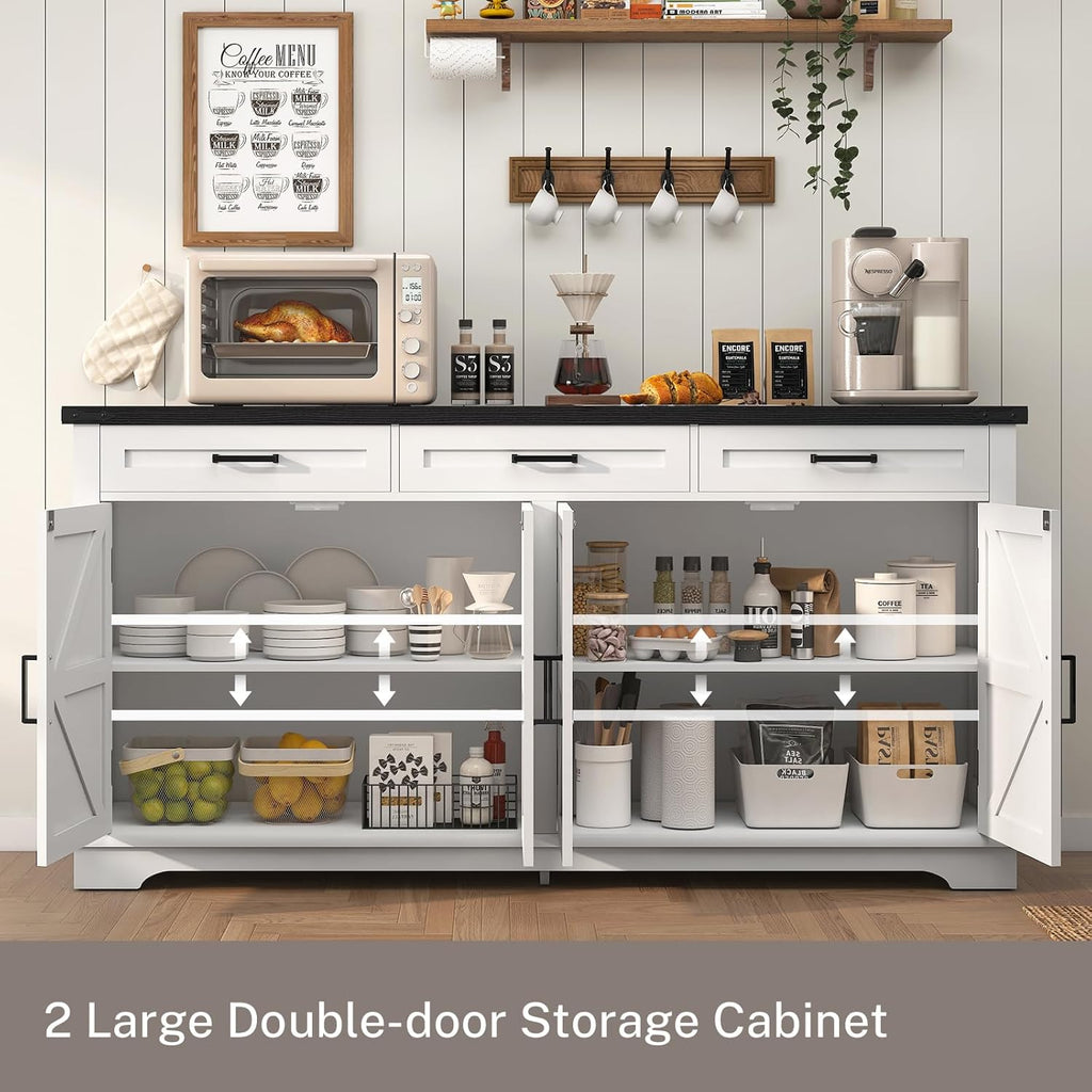 usikey 61” Large Sideboard Buffet Cabinet with 4 Doors and 3 Drawers, Farmhouse Buffet Table, Dining Room Storage Cabinet for Kitchen or Living Room, White