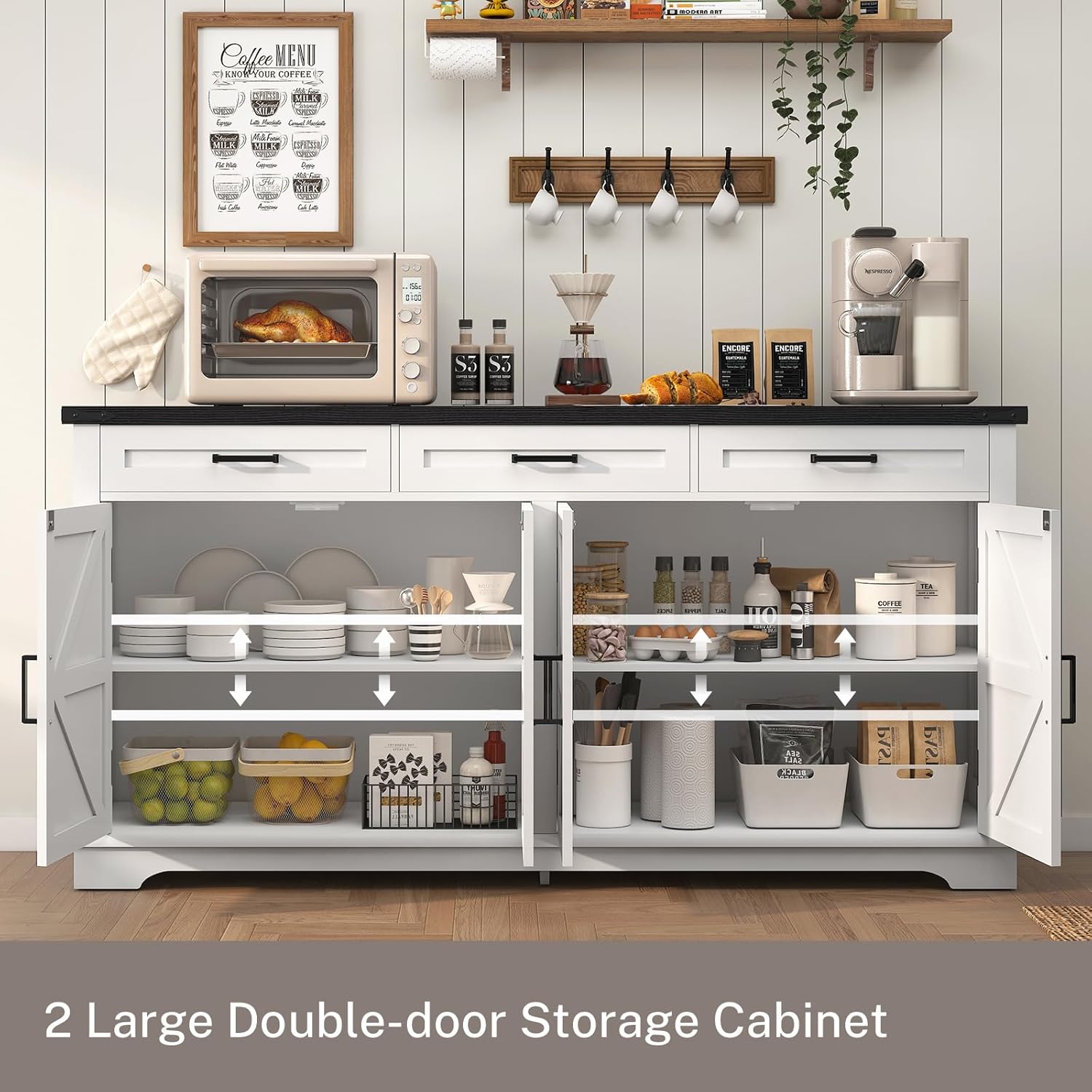 usikey 61” Large Sideboard Buffet Cabinet with 4 Doors and 3 Drawers, Farmhouse Buffet Table, Dining Room Storage Cabinet for Kitchen or Living Room, White